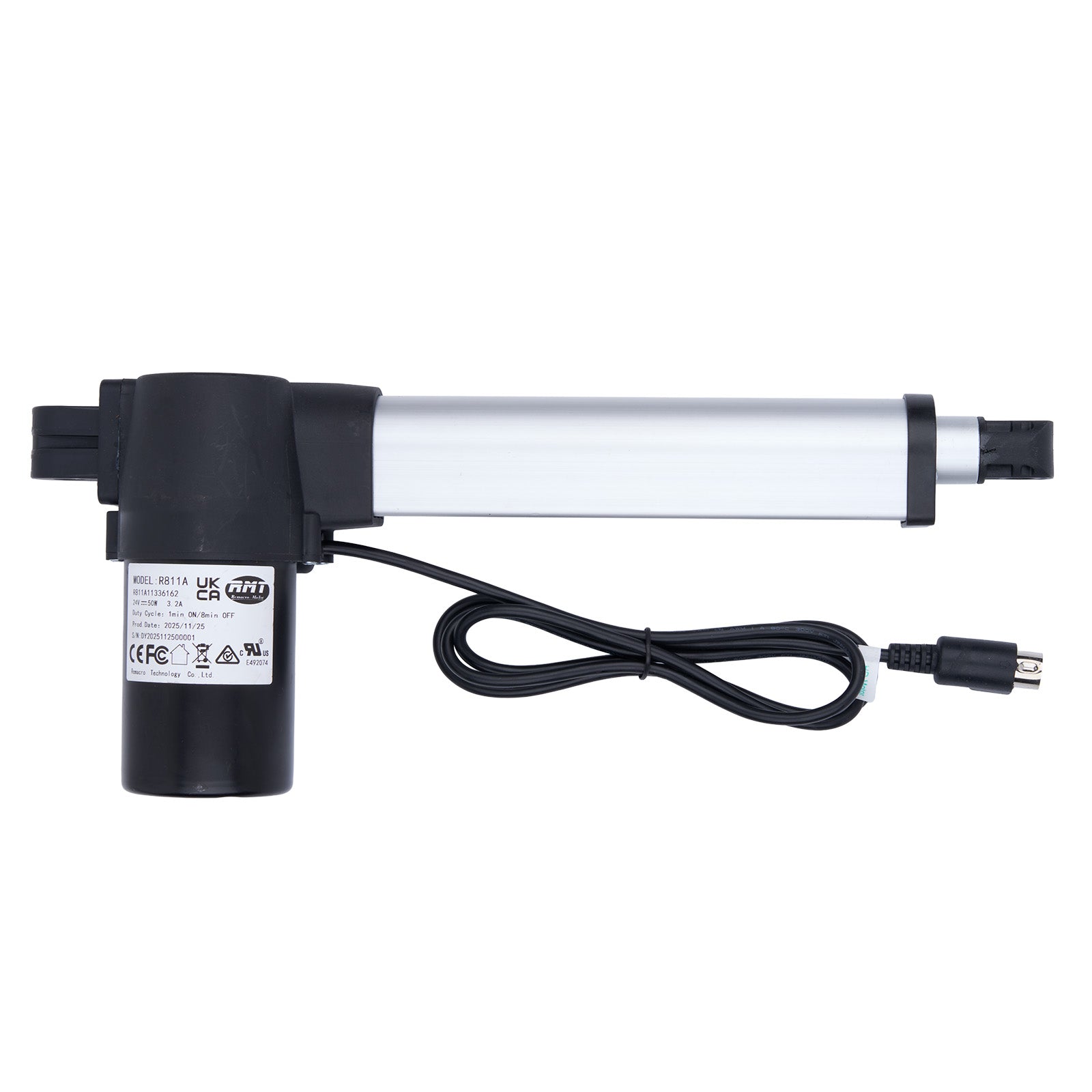 Linear actuator with cable and connectors on a white background