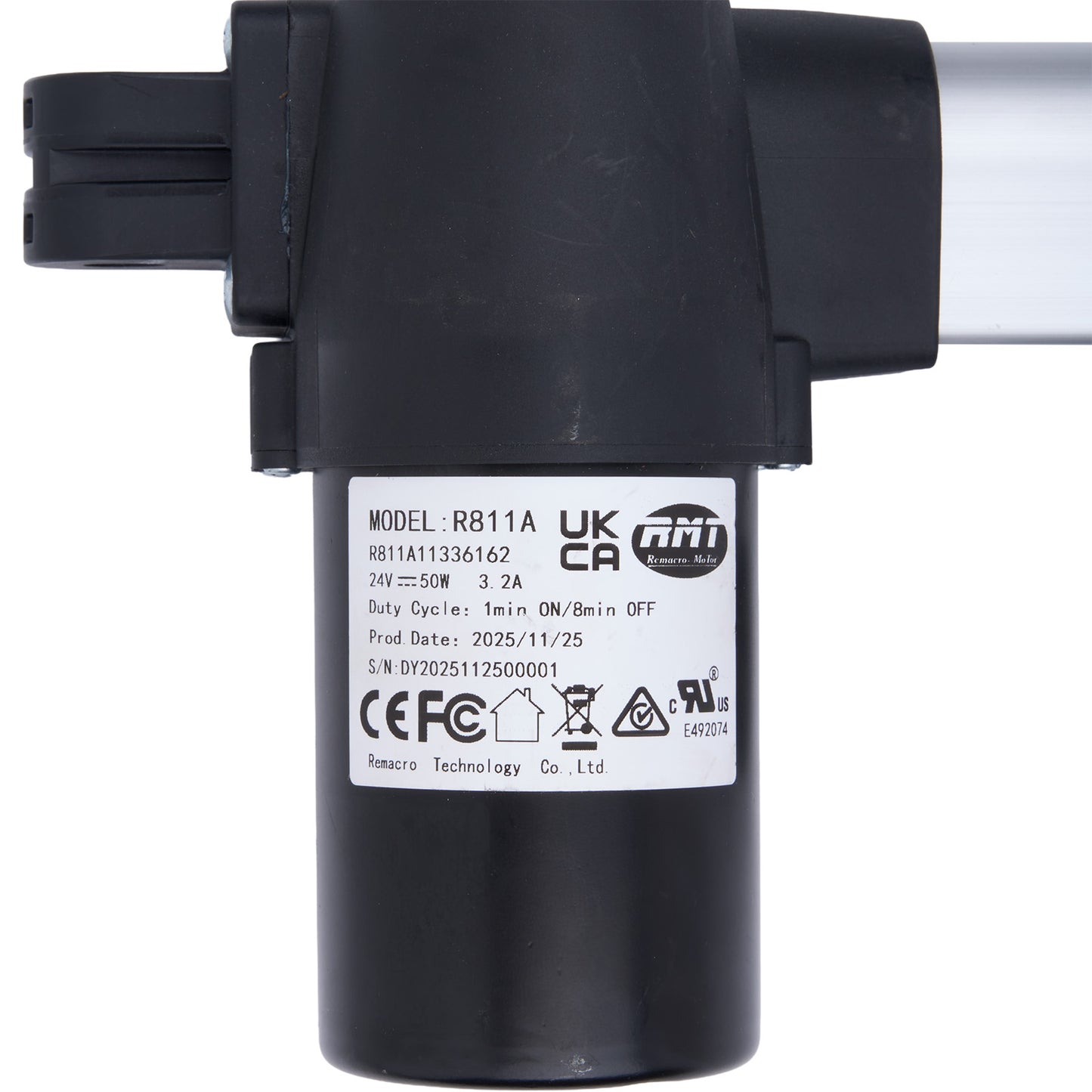 Black electronic component with labels and certification logos on a white background