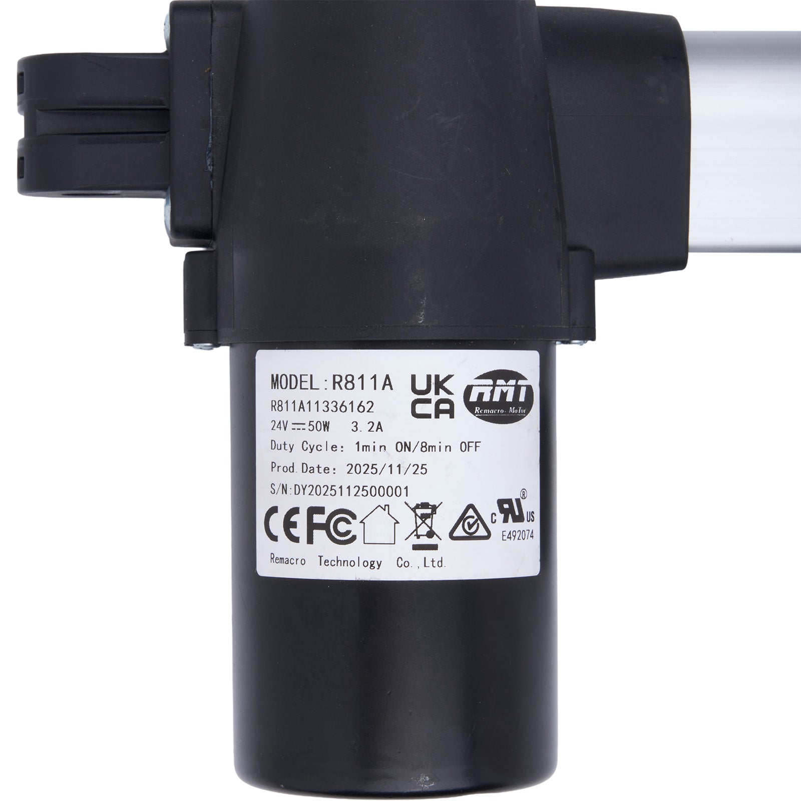 Black electronic component with labels and certification logos on a white background