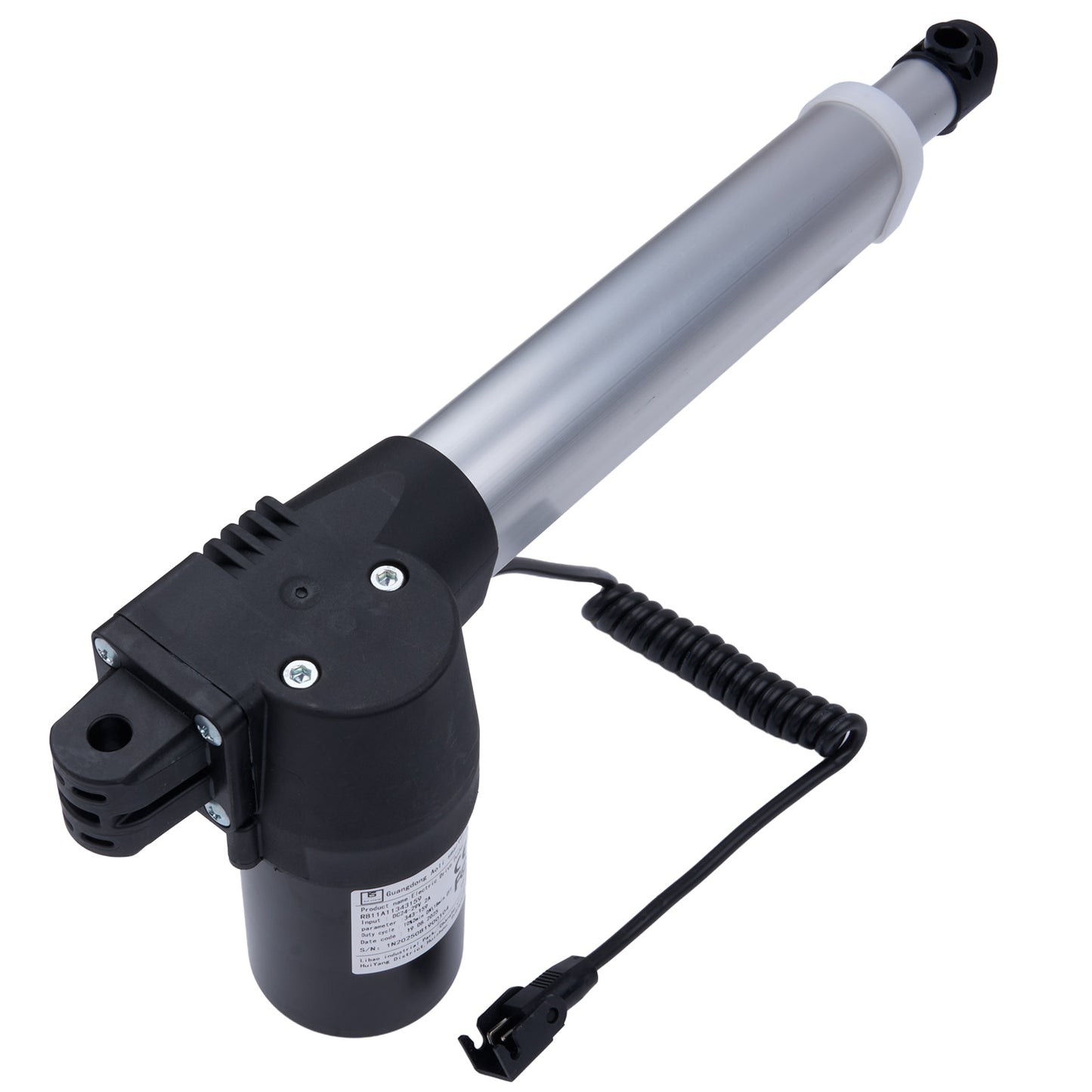 Linear actuator with black and silver design on a white background