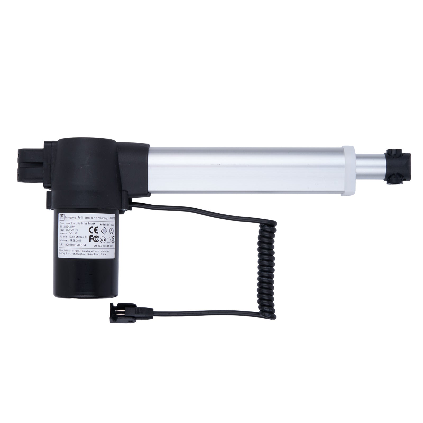Linear actuator with black housing and coiled cable on a white background