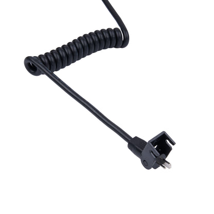 Black coiled cable with a plug on a white background