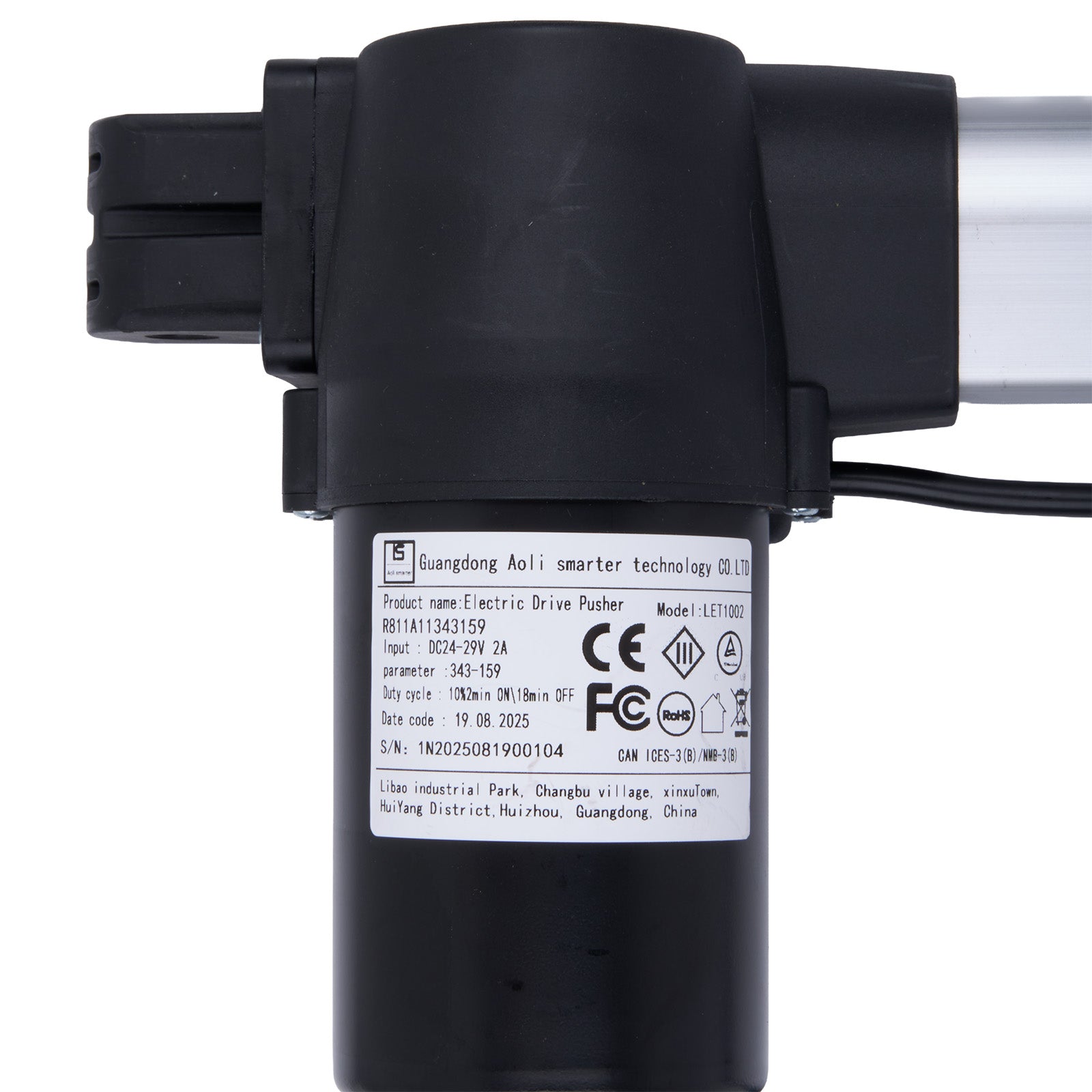 Black electric drive pusher with certification labels on a white background