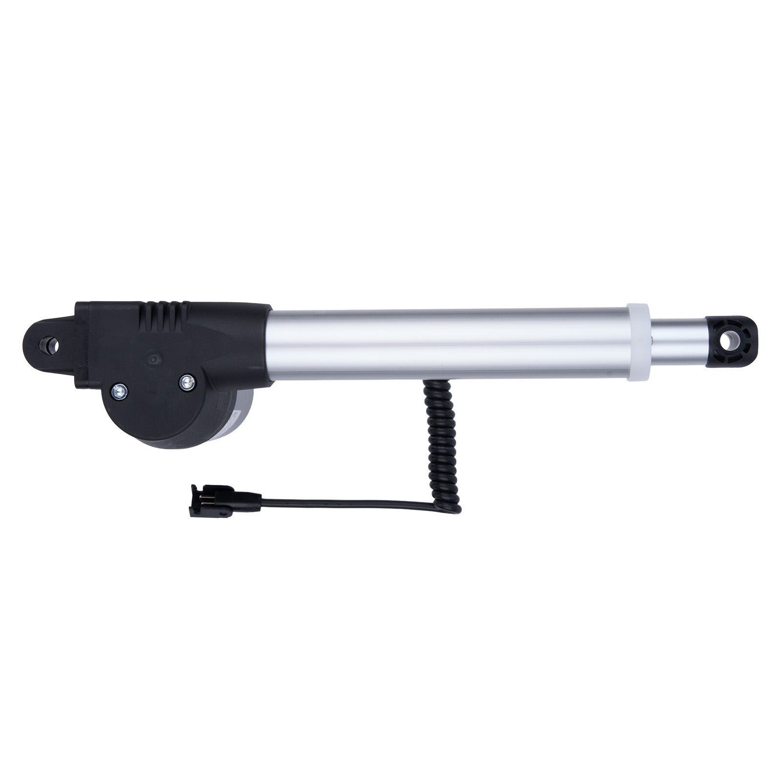 Metallic actuator with black end cap on a white background