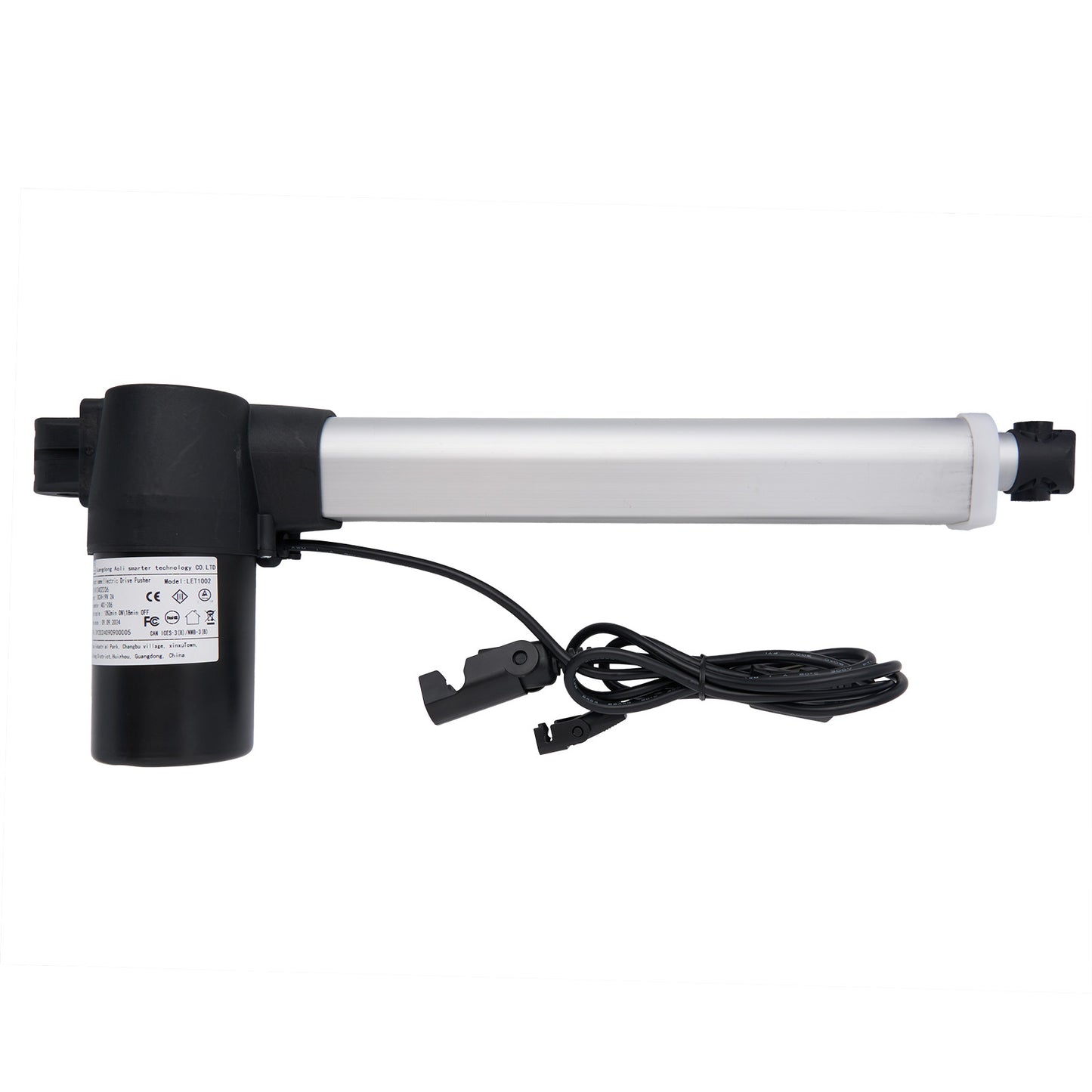 A black and silver linear actuator with cables and plugs, designed for use in motion furniture like power recliners or lift chairs.
