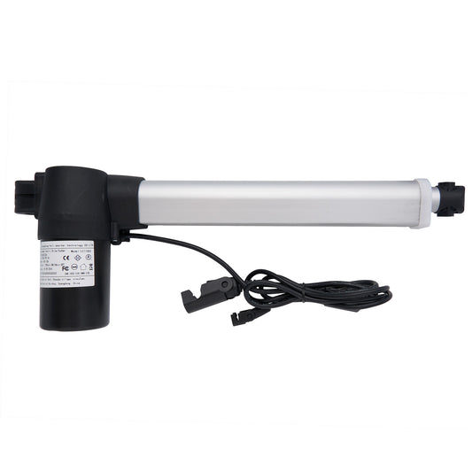 A black and silver linear actuator with cables and plugs, designed for use in motion furniture like power recliners or lift chairs.