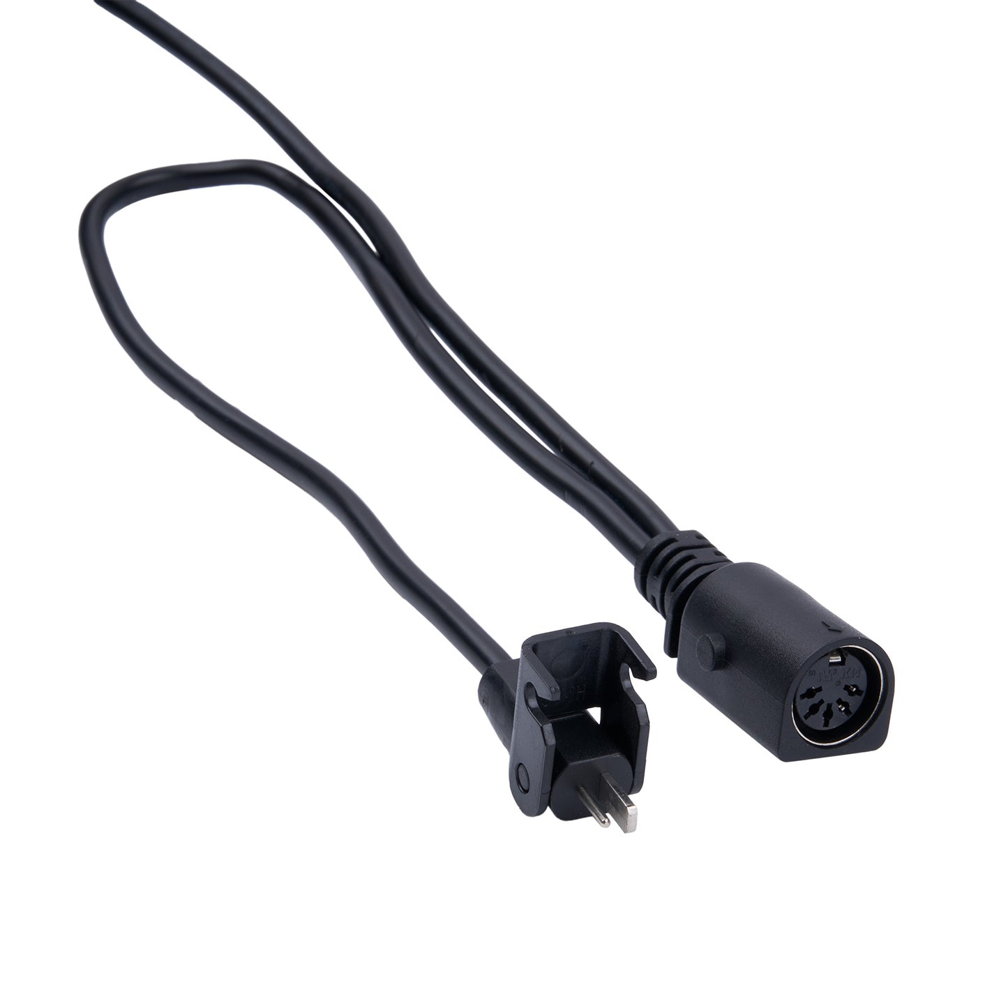 Black power cable with plug on a white background