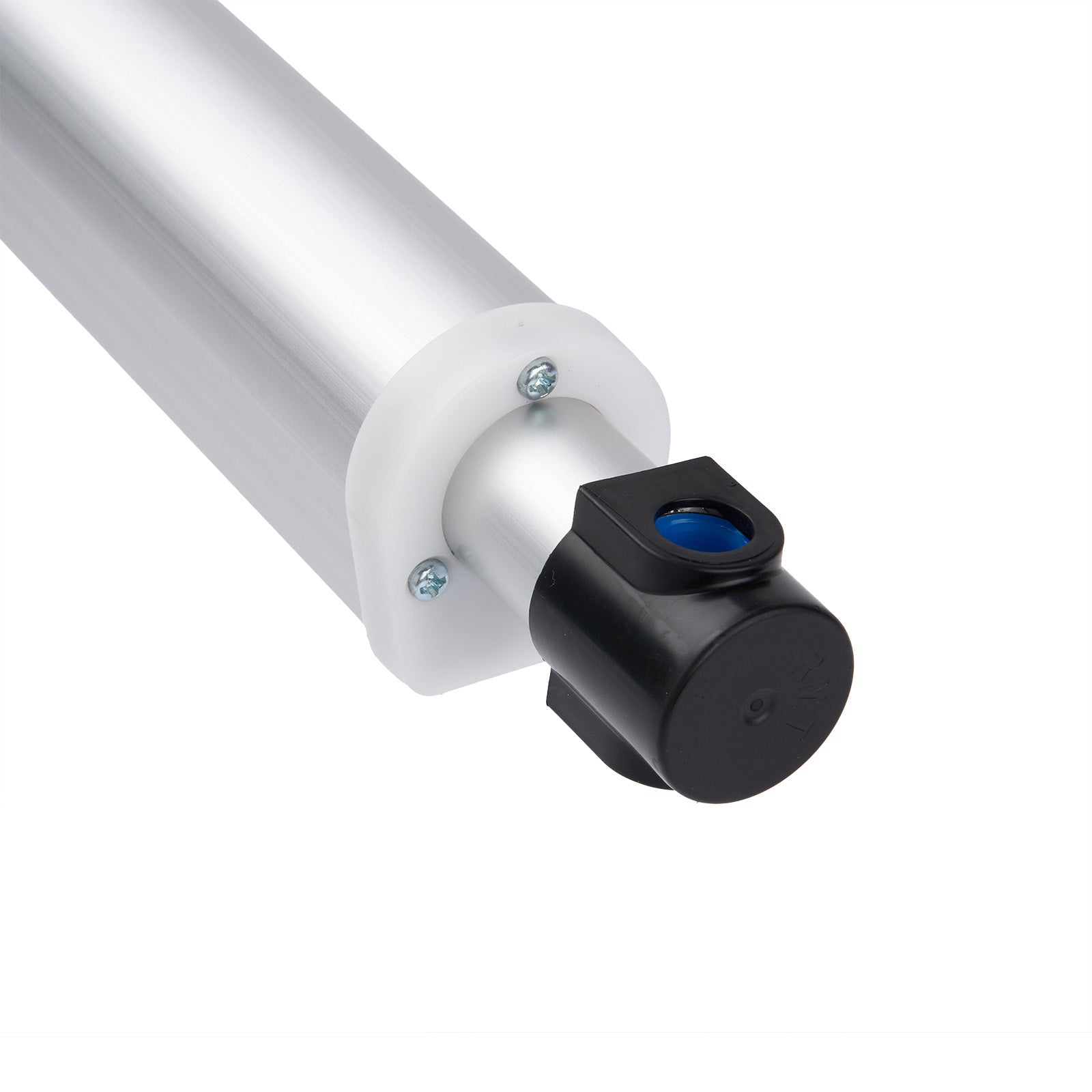 Close-up of a cylindrical metal component with a black and blue sensor on a white background