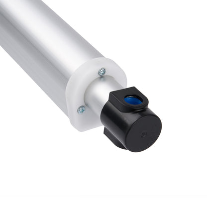 Close-up of a cylindrical metal component with a black and blue sensor on a white background