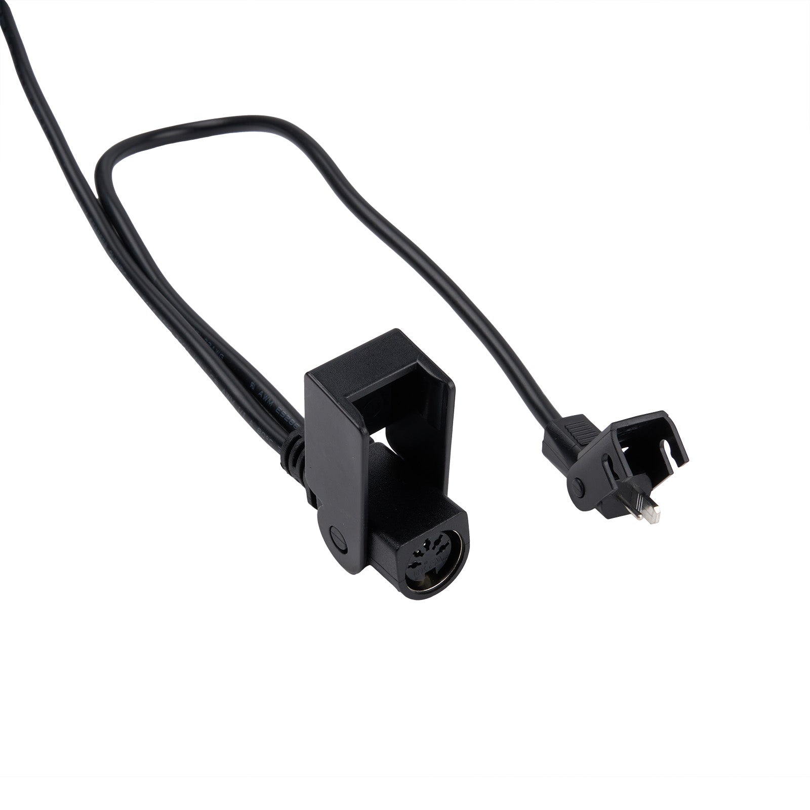 Black electrical cable with plug on a white background