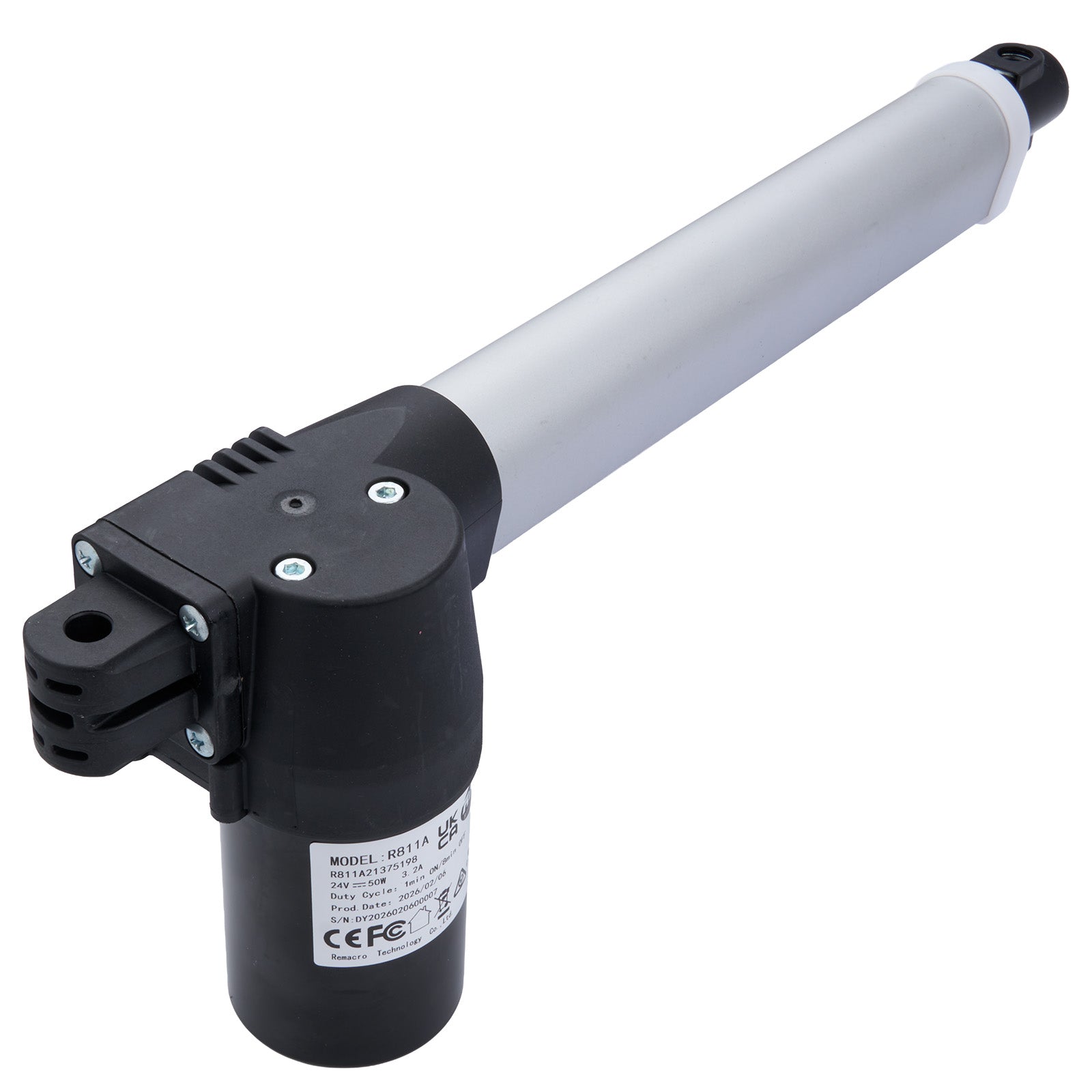 Motorized actuator with white shaft and black housing on a white background