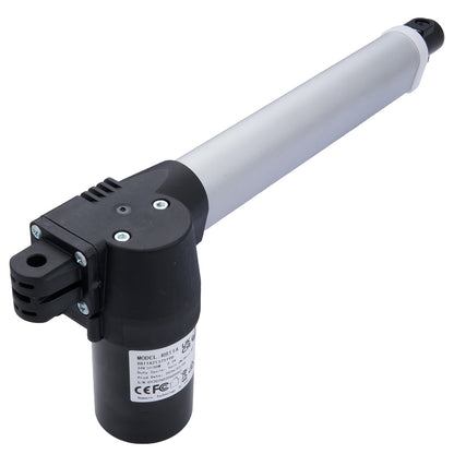 Motorized actuator with white shaft and black housing on a white background