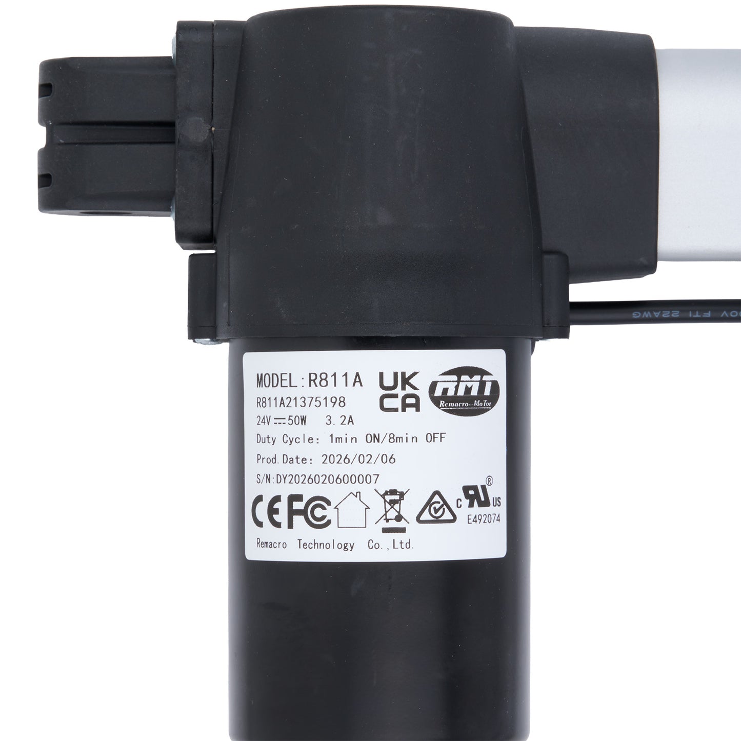 Black electronic component with a label on a white background