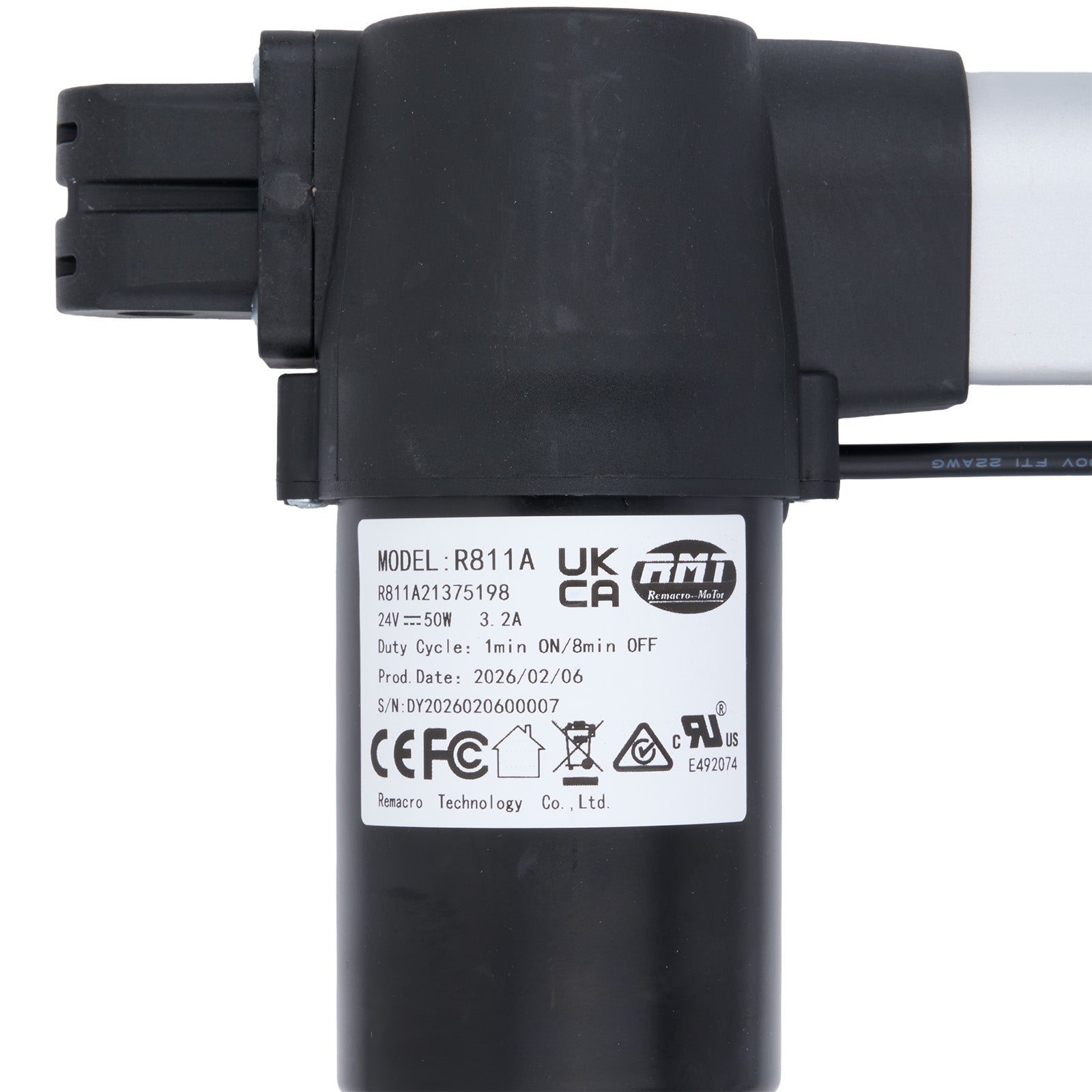 Black electronic component with a label on a white background