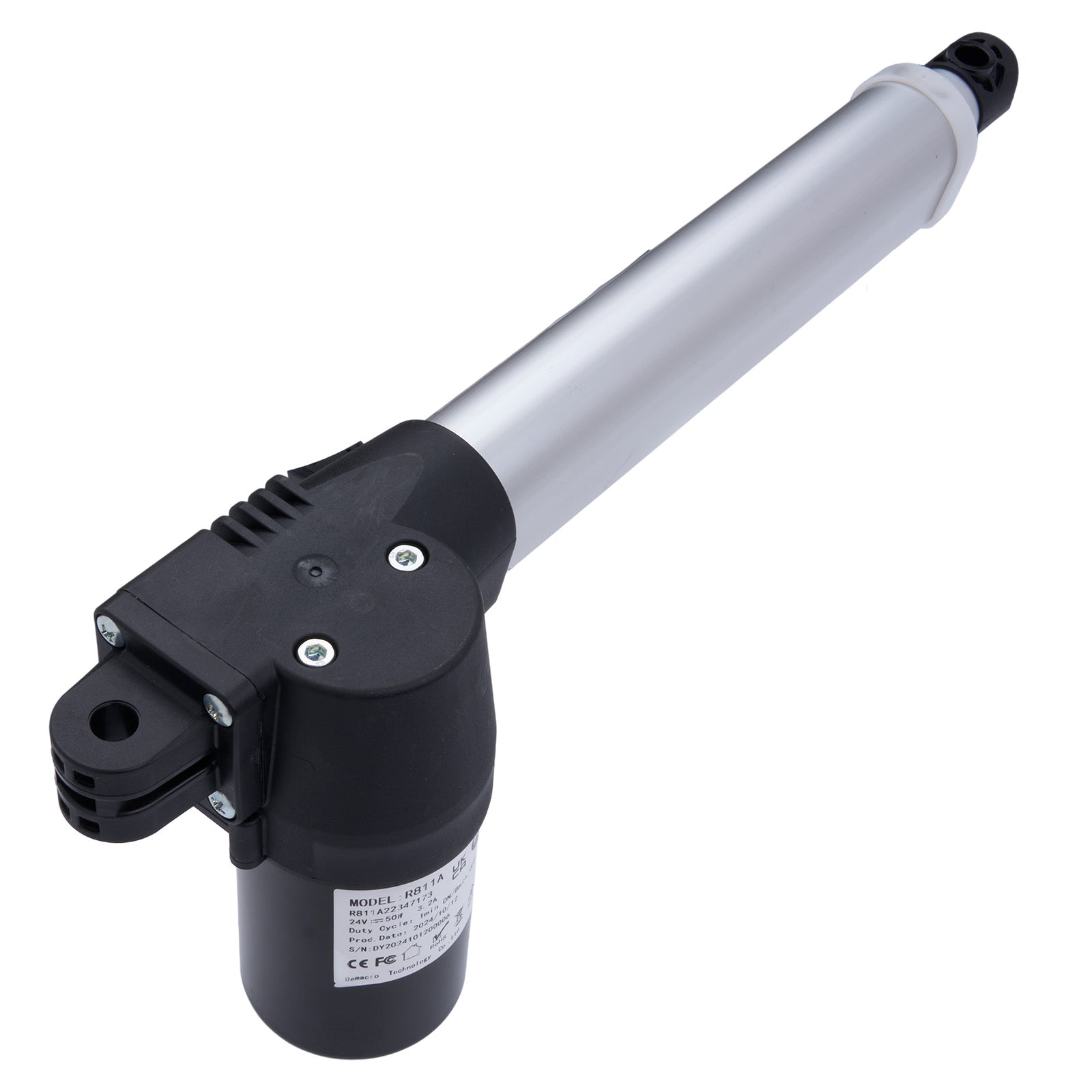Black and silver linear actuator on a white background