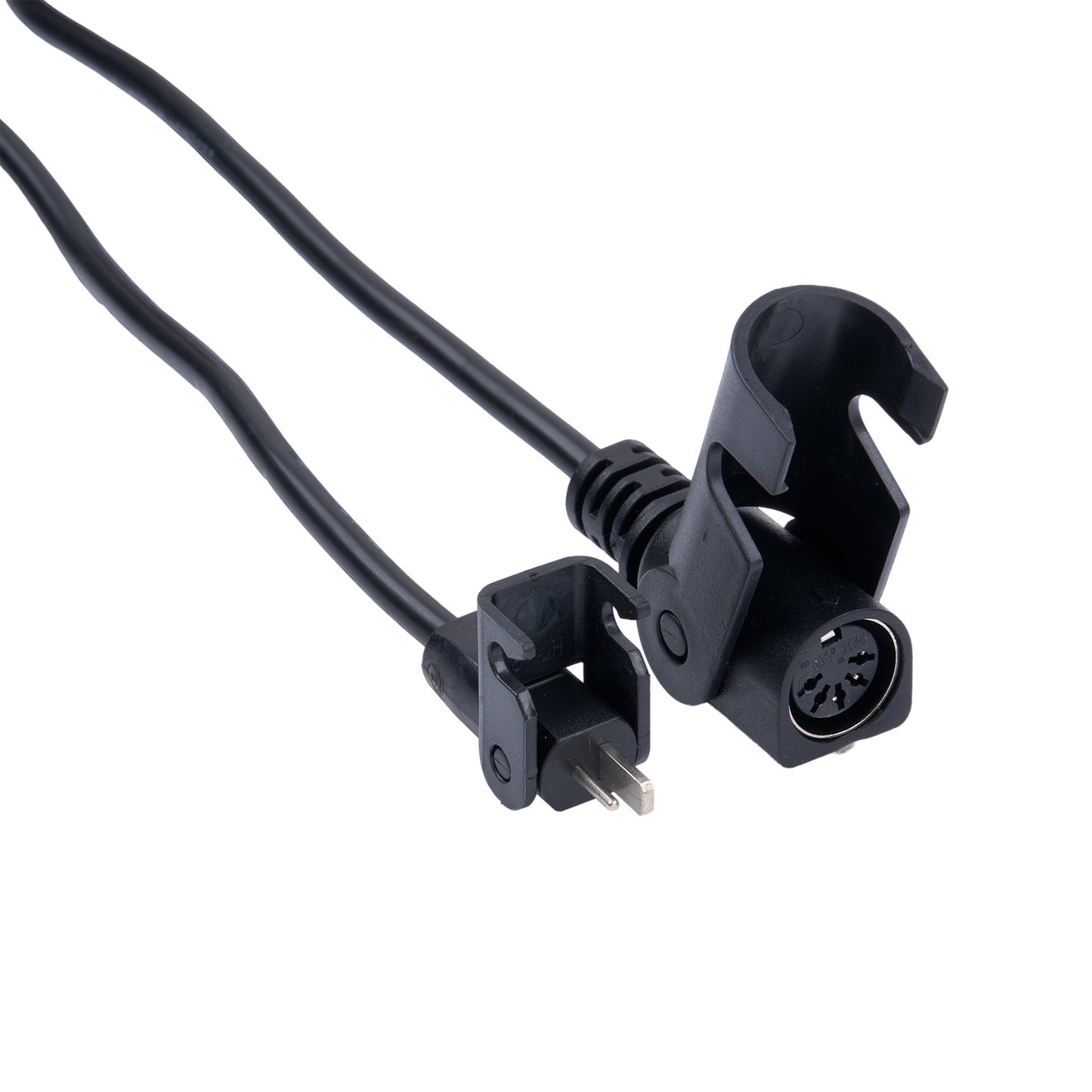 Black audio cable with plug and clip on a white background