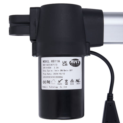 Black electric actuator with label on a white background