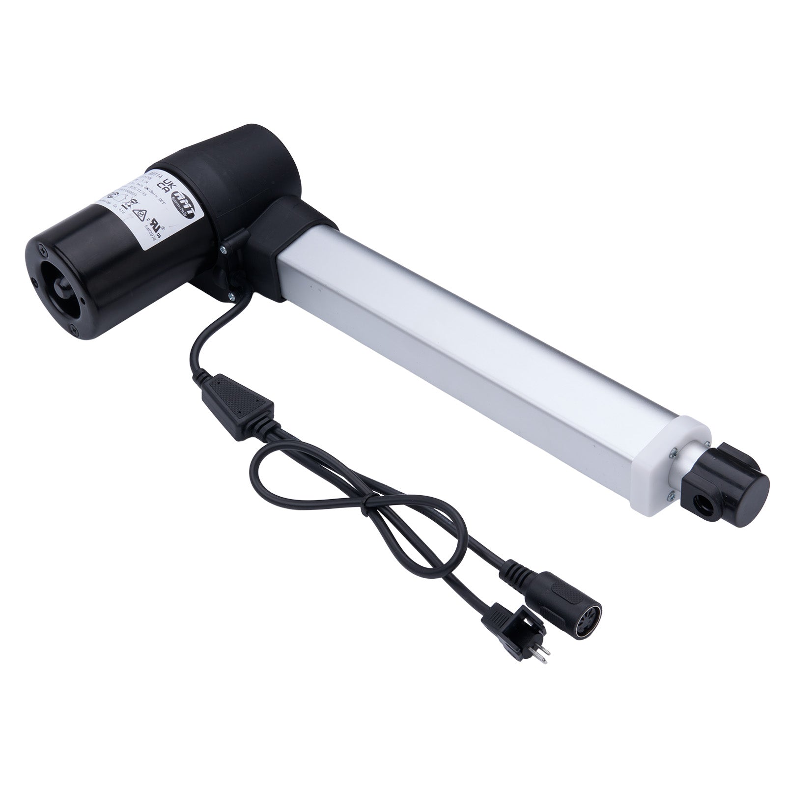 Black and white cylindrical device with a power cord on a white background
