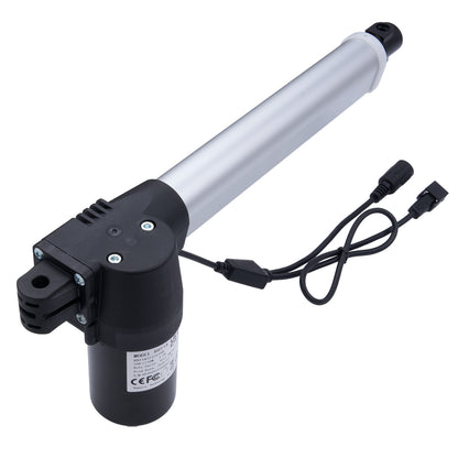 Electric linear actuator with black and silver design on a white background