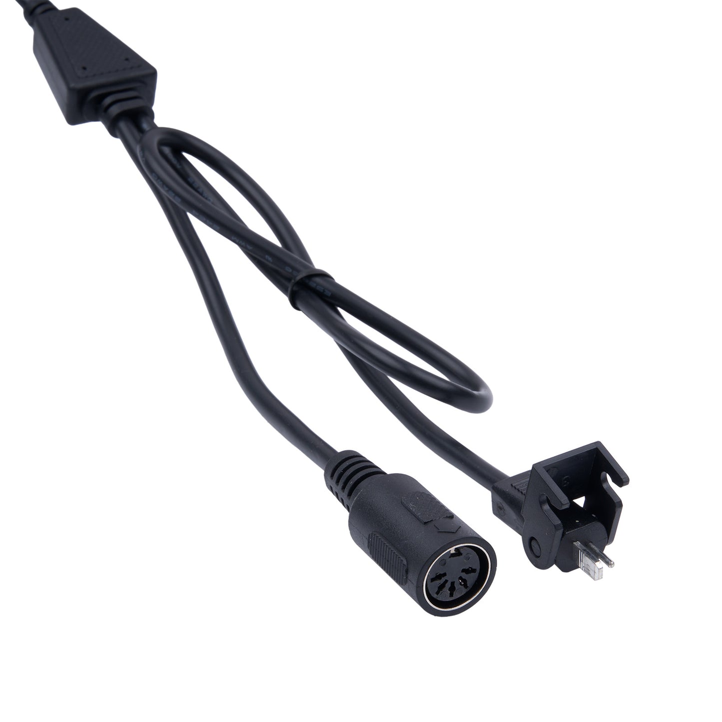 Black power cord with plug on a white background