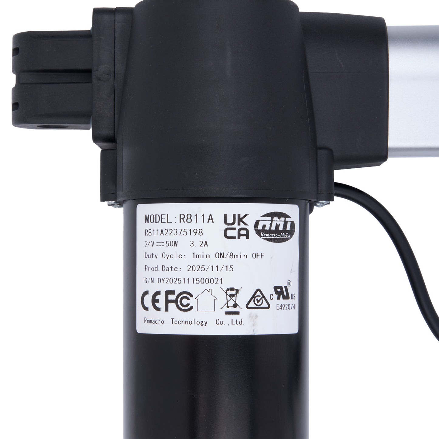 Black electronic component with label on a white background