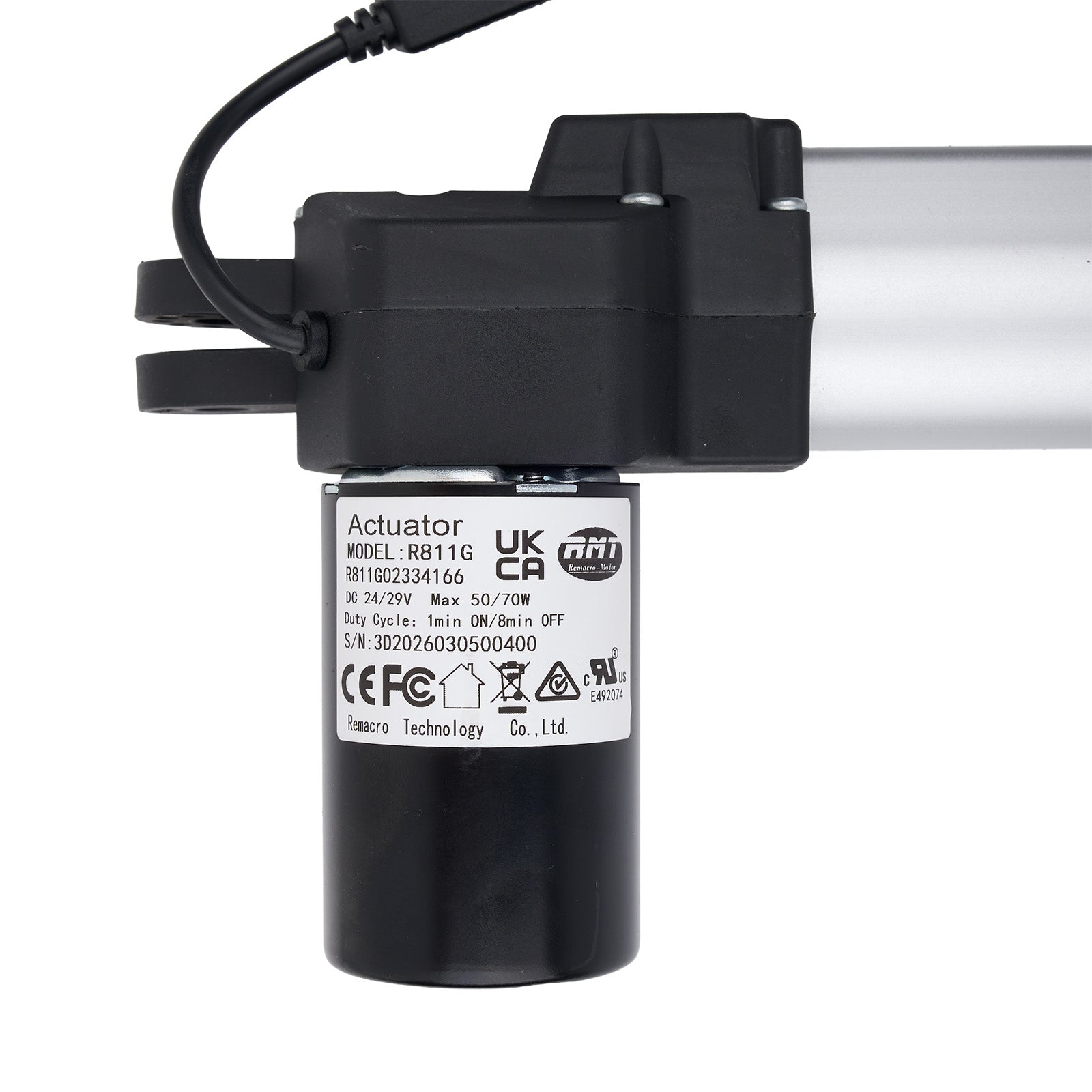 Black actuator with visible branding and specifications on a white background