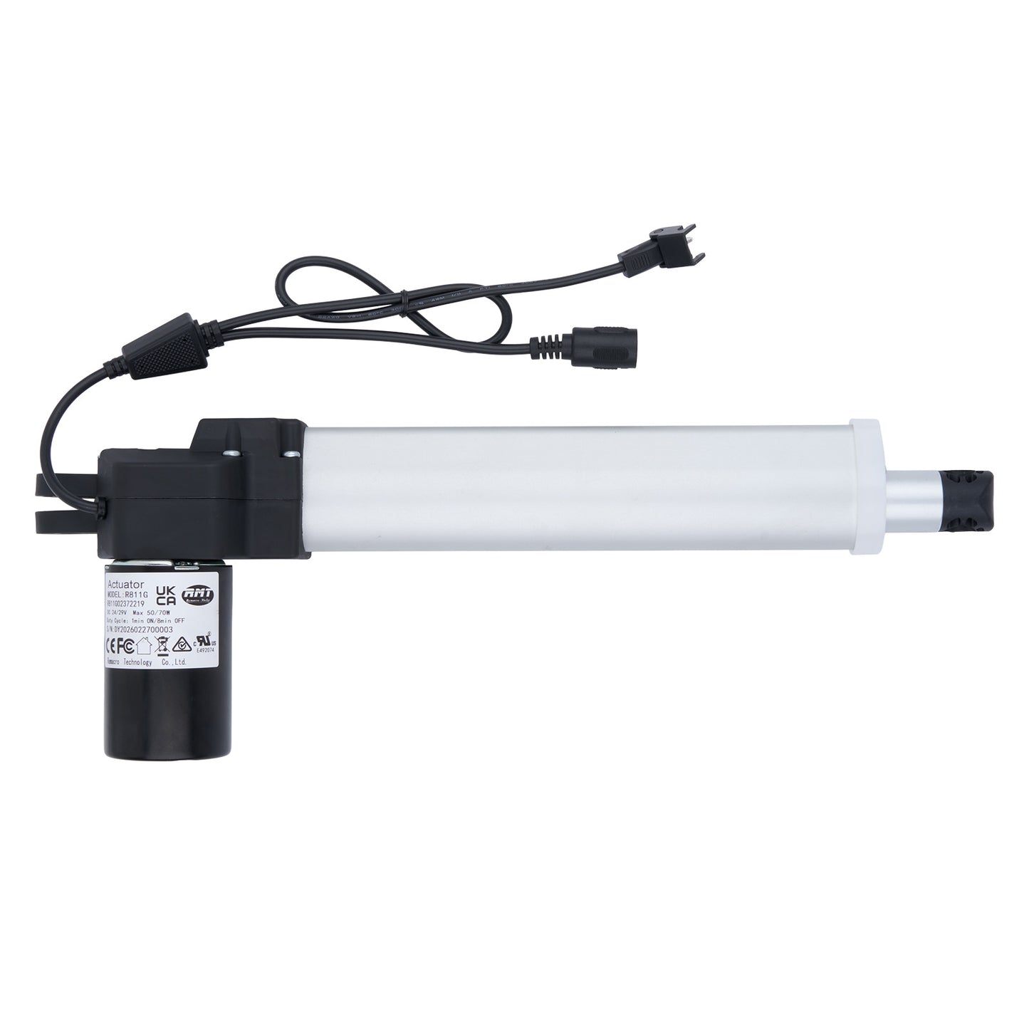 Linear actuator with power cable on a white background