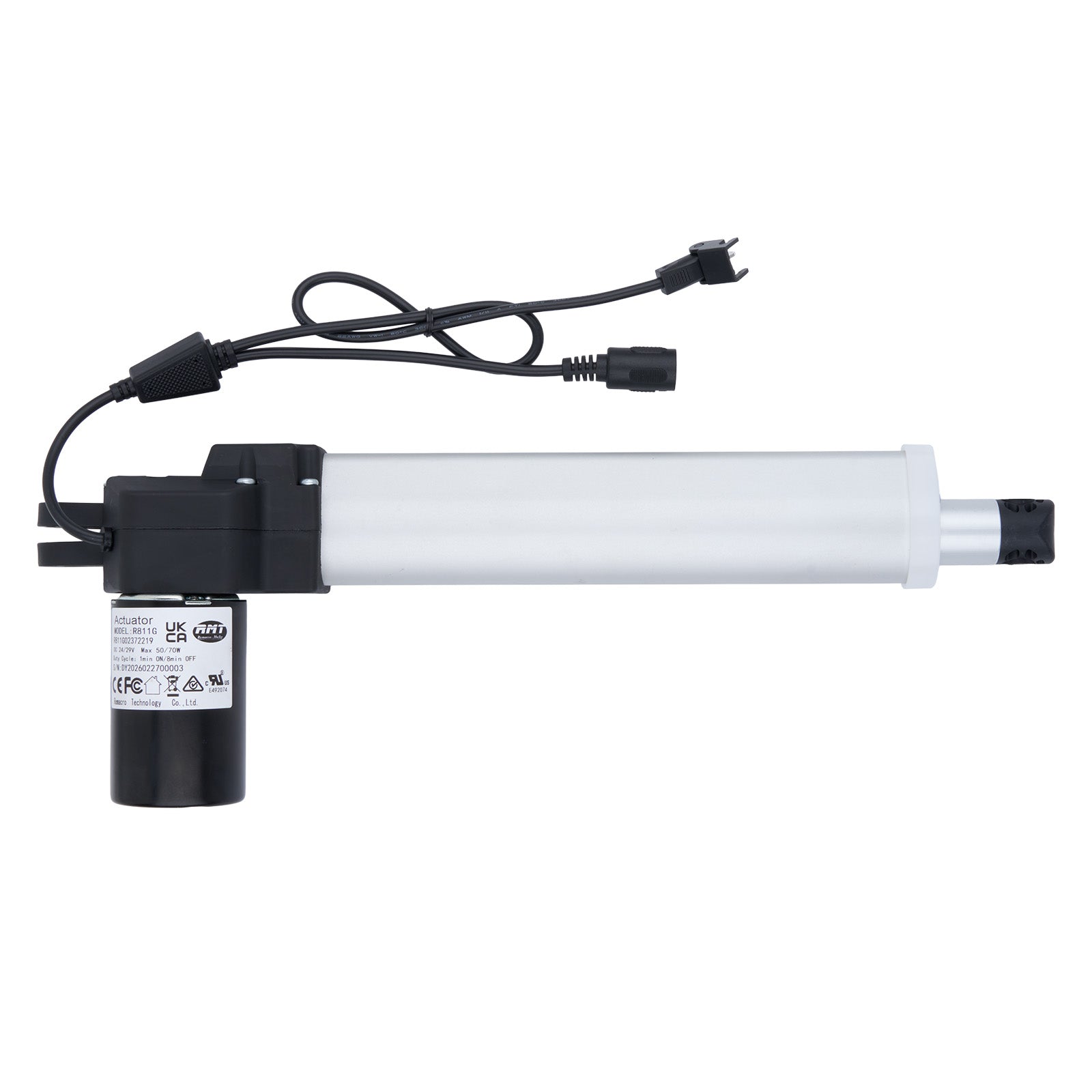 Linear actuator with power cable on a white background