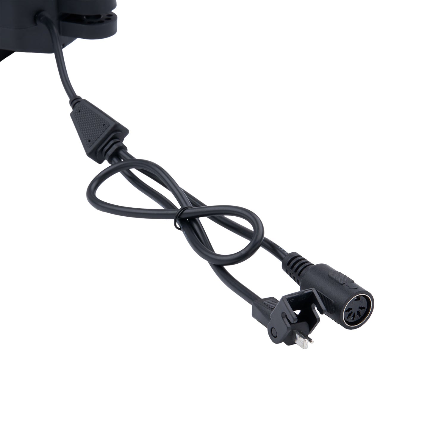 Black power cable with plug on a white background