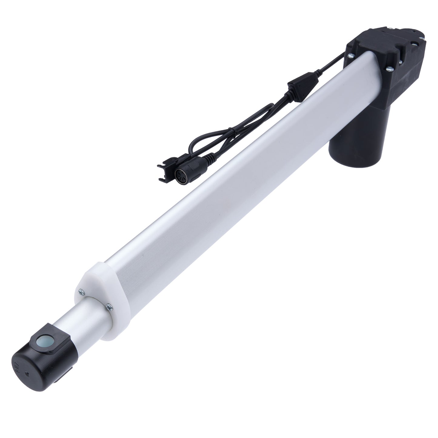 White actuator with black components on a white background