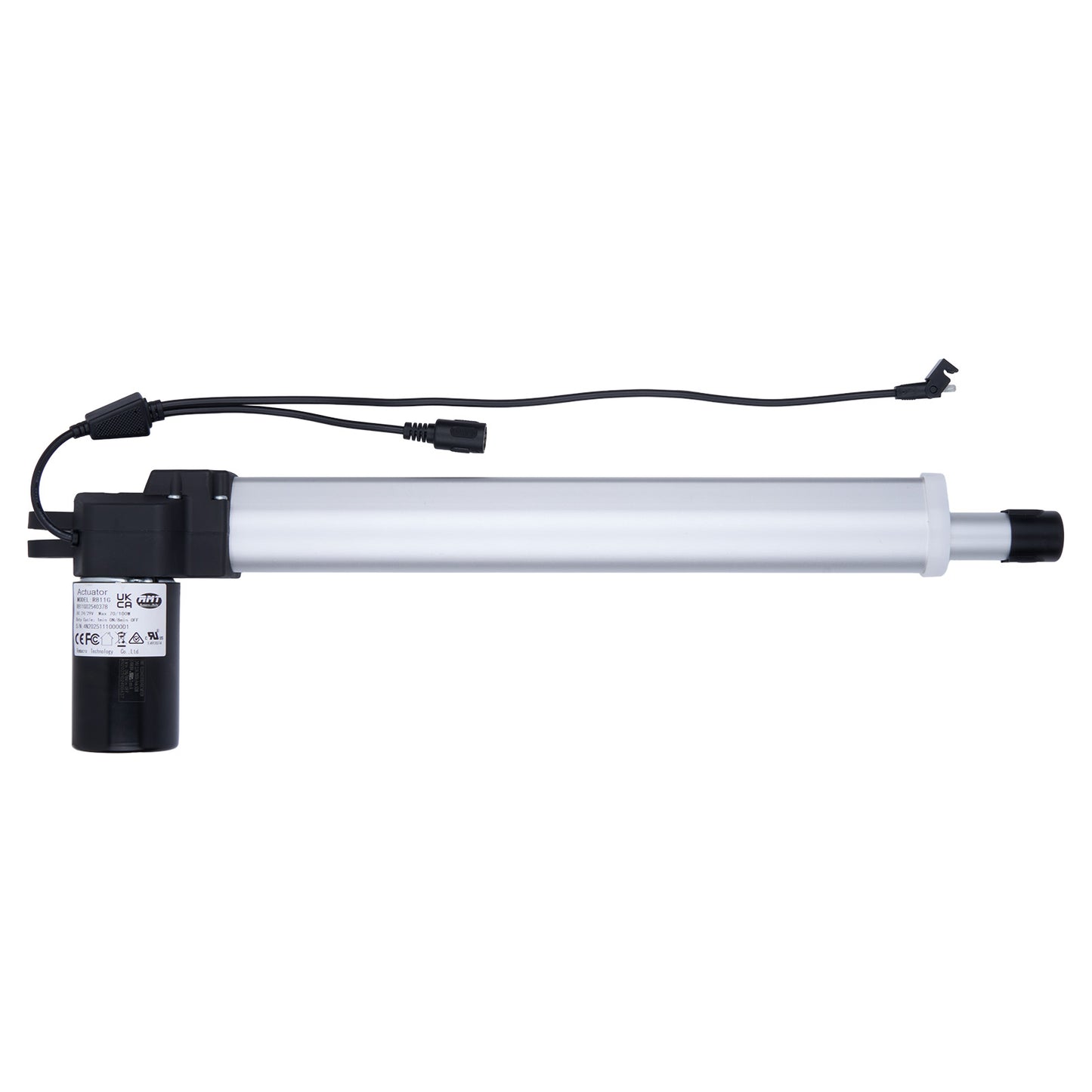 Linear actuator with black housing and white rod on a white background