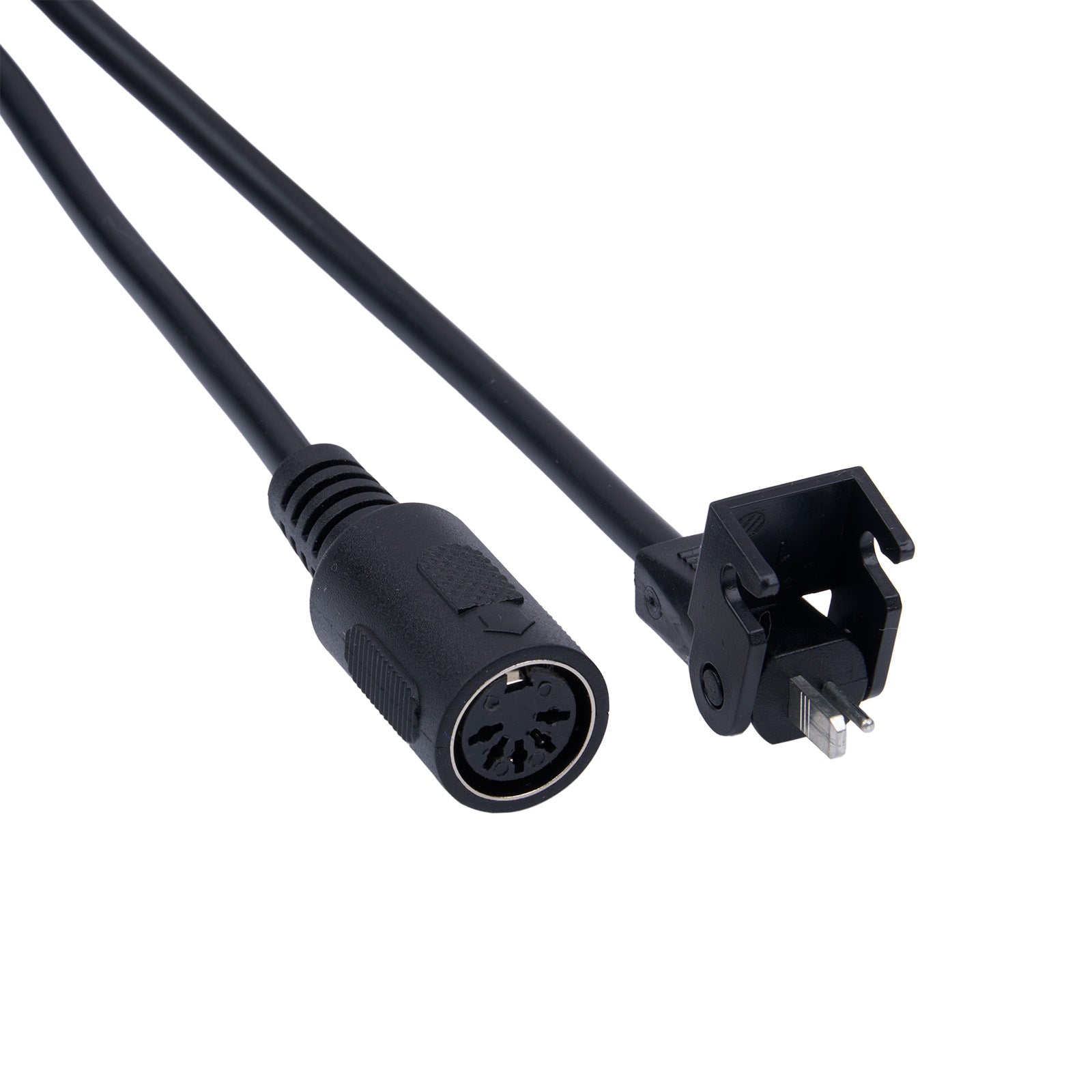 Black audio cable with XLR female connector and plug on a white background