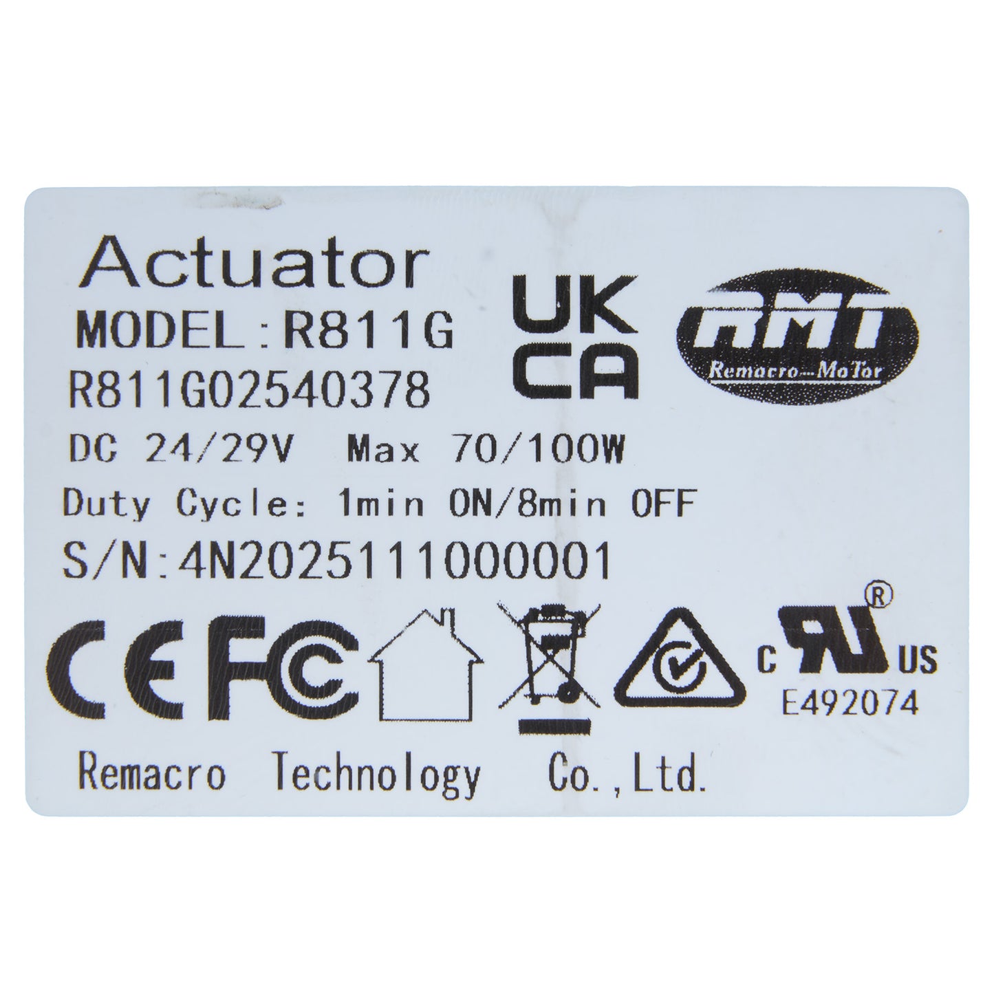 Actuator label with technical specifications and branding on a white background