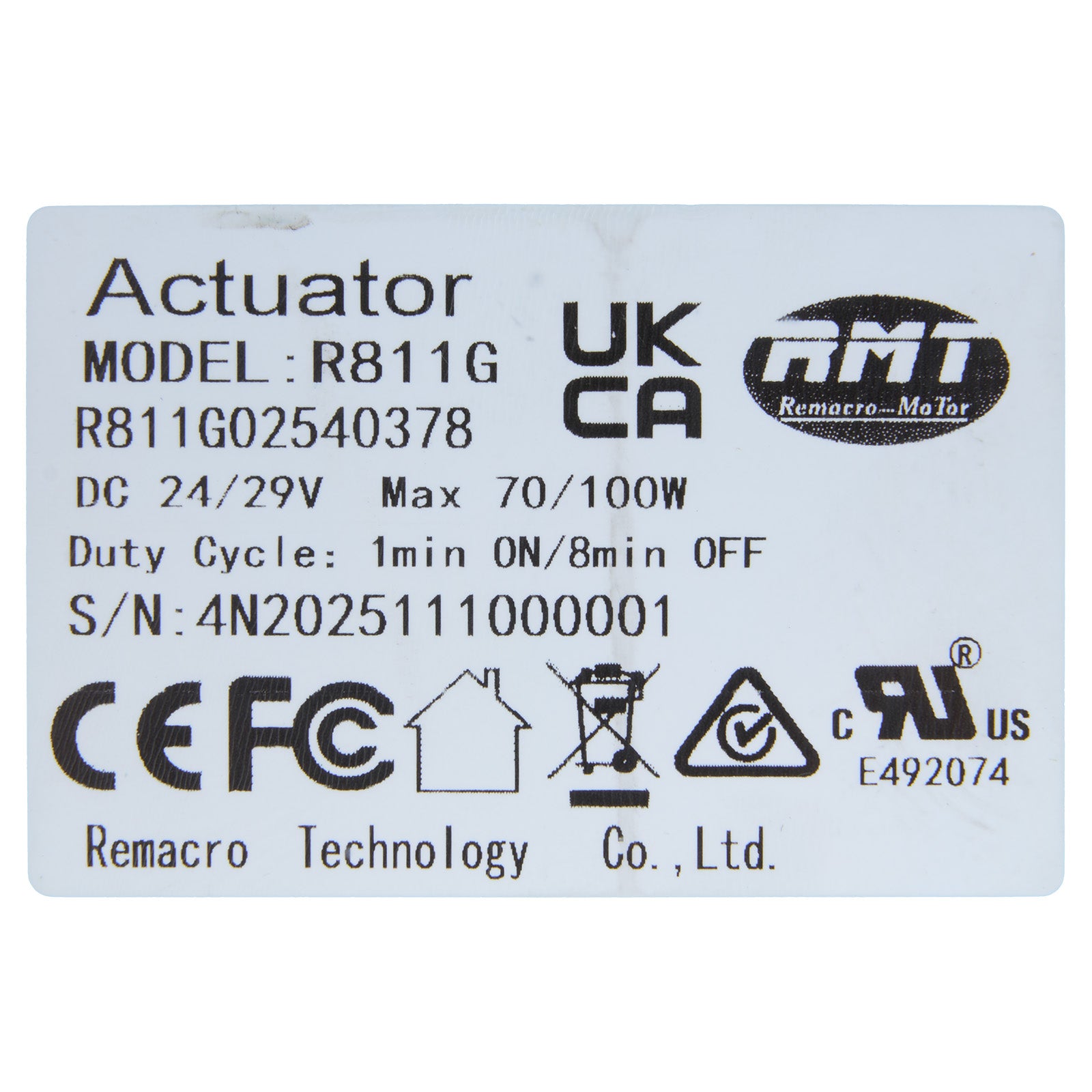 Actuator label with technical specifications and branding on a white background