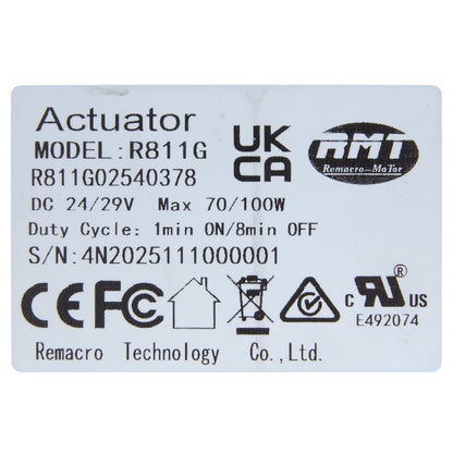 Actuator label with technical specifications and branding on a white background