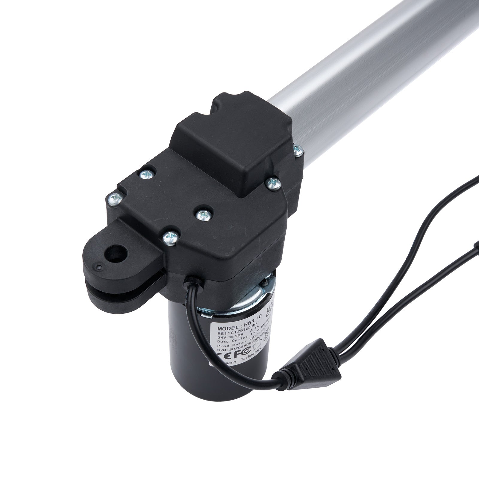 Black linear actuator with visible branding on a white background