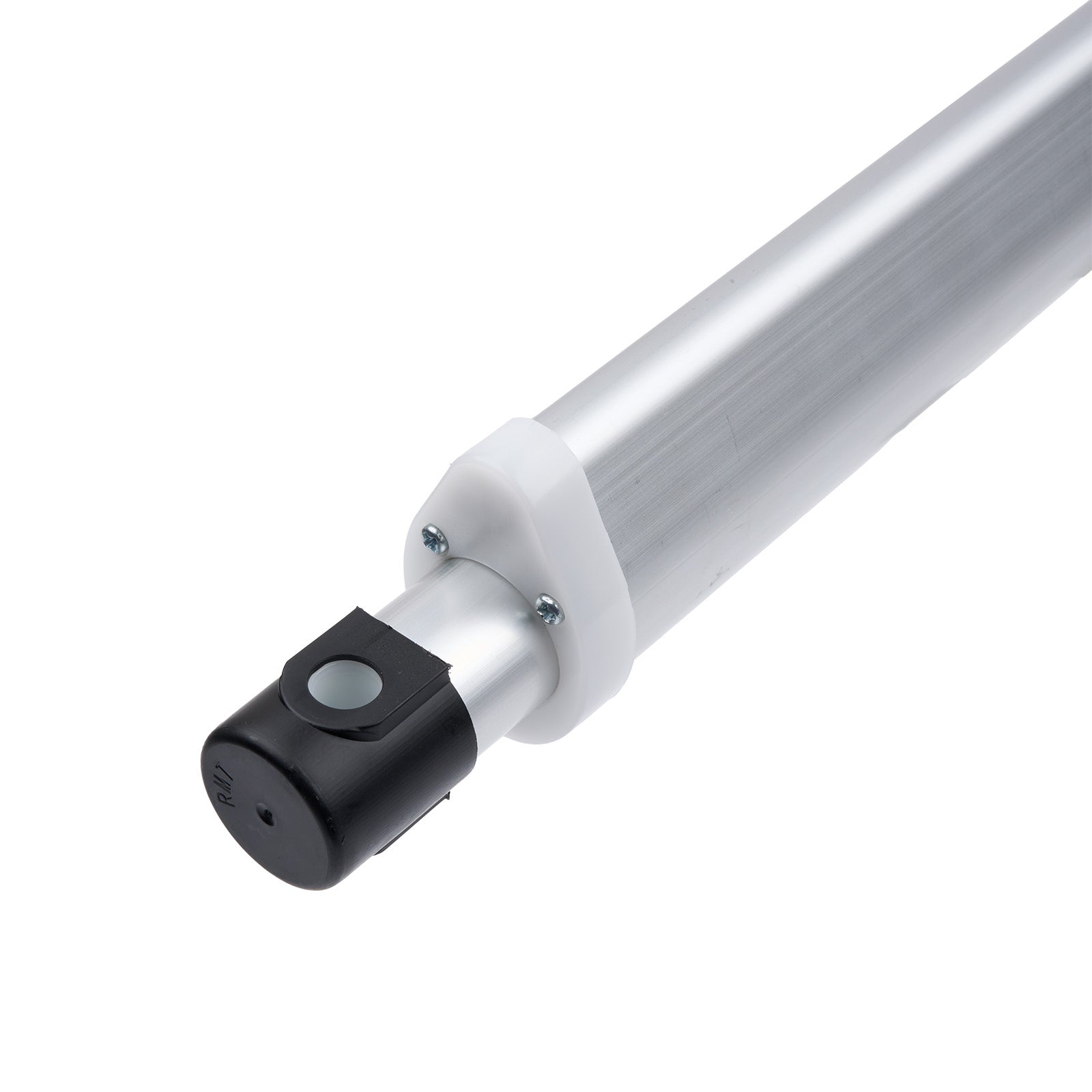 Metallic cylindrical object with a black end on a white background