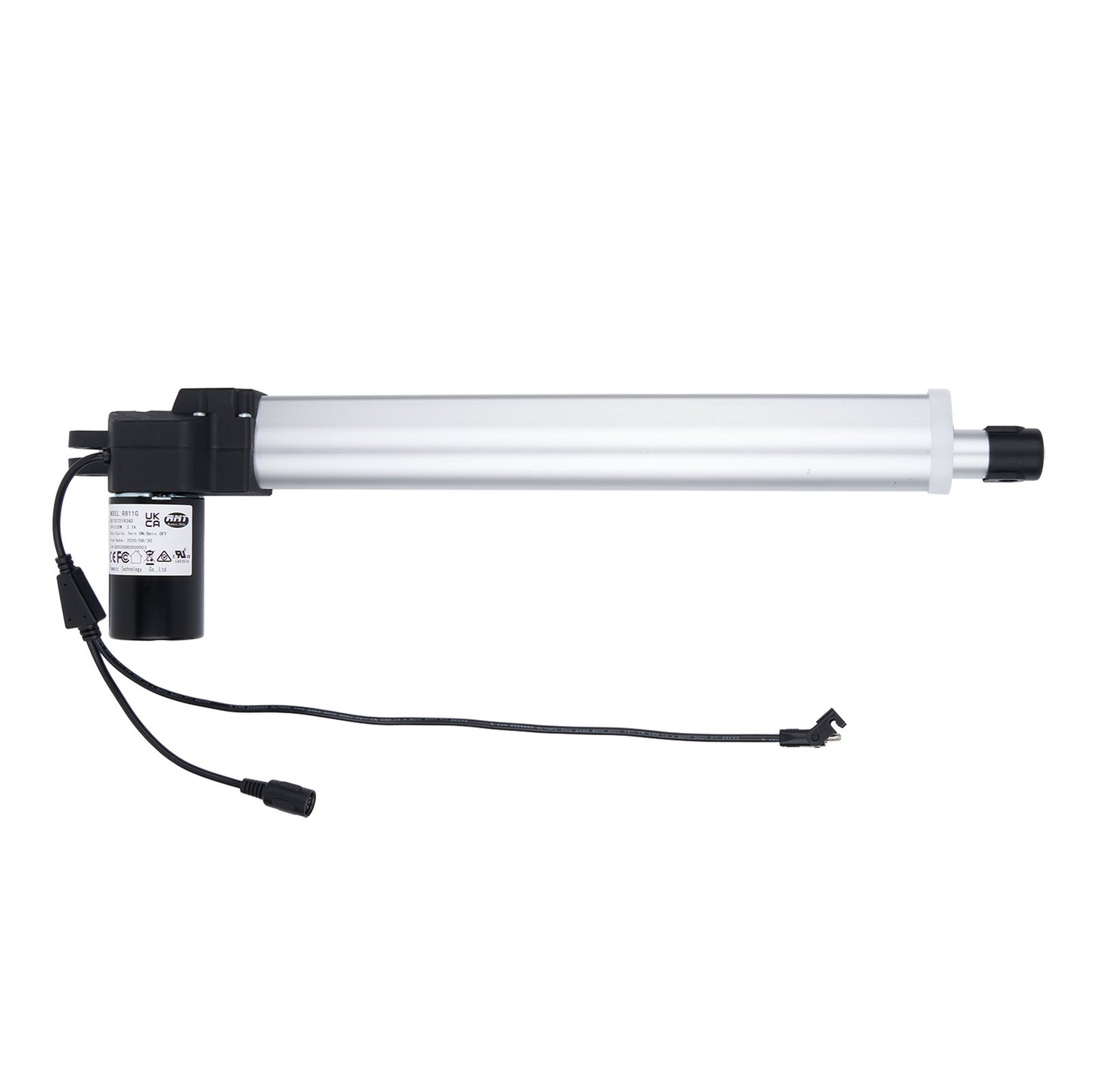 Linear actuator with black housing and visible wiring on a white background
