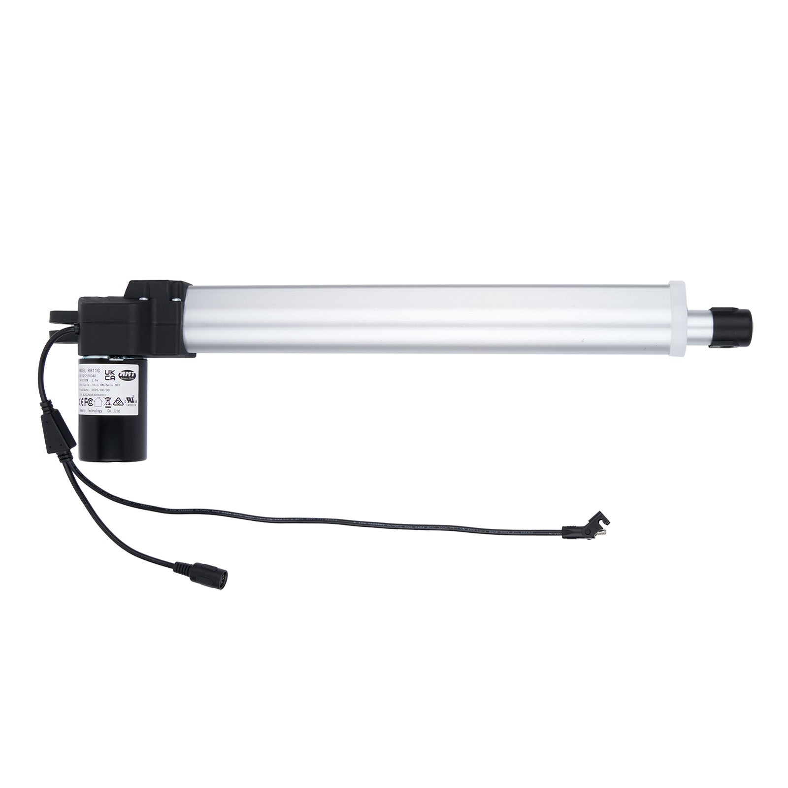 Linear actuator with black housing and visible wiring on a white background