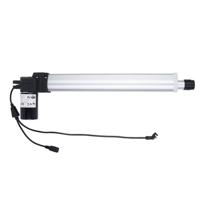 Linear actuator with black housing and visible wiring on a white background