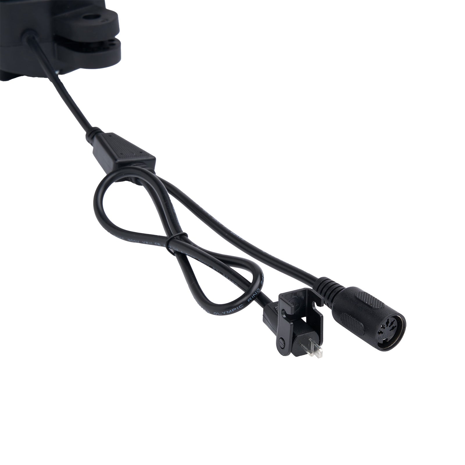 Black power cable with plug on a white background