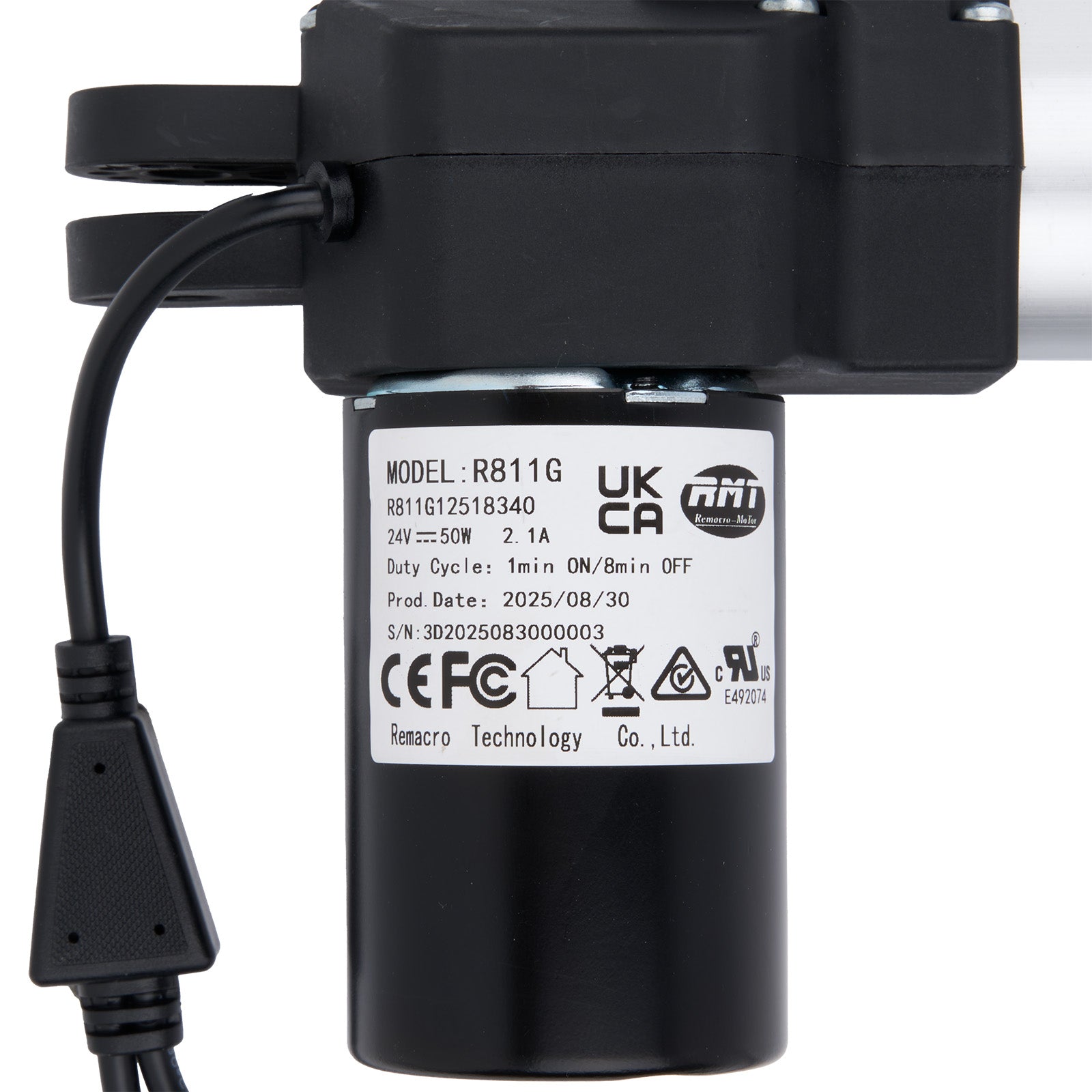 Black electrical component with certification labels on a white background