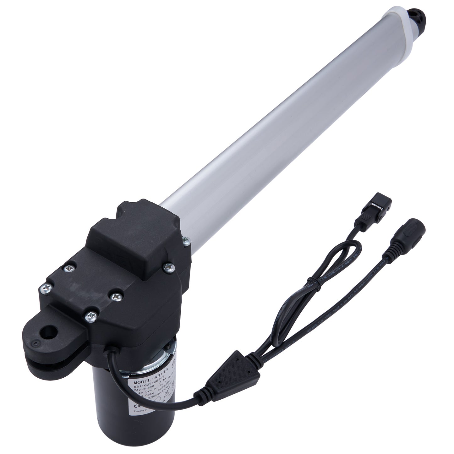 Electric actuator with a cylindrical rod on a white background