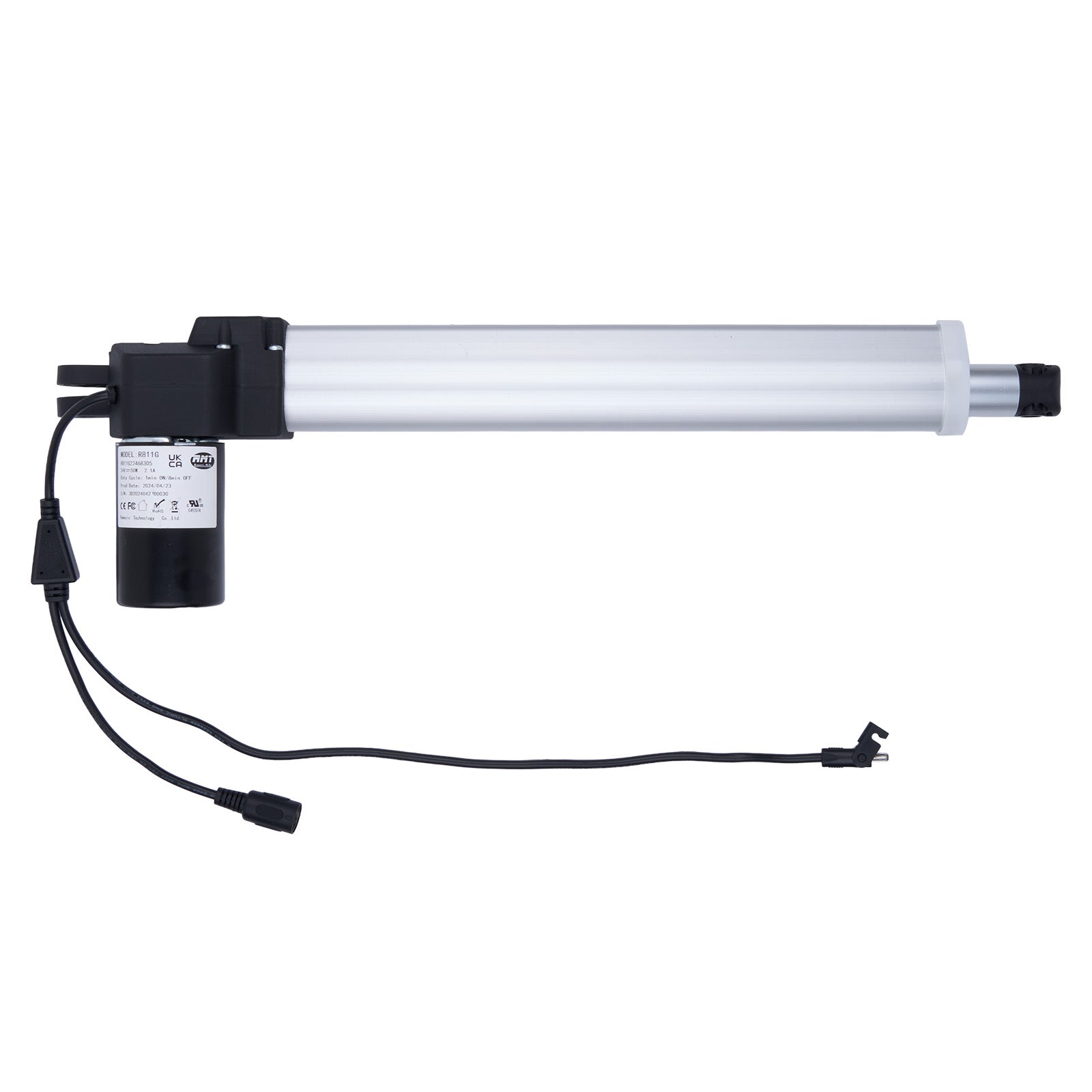 Linear actuator with power cable on a white background