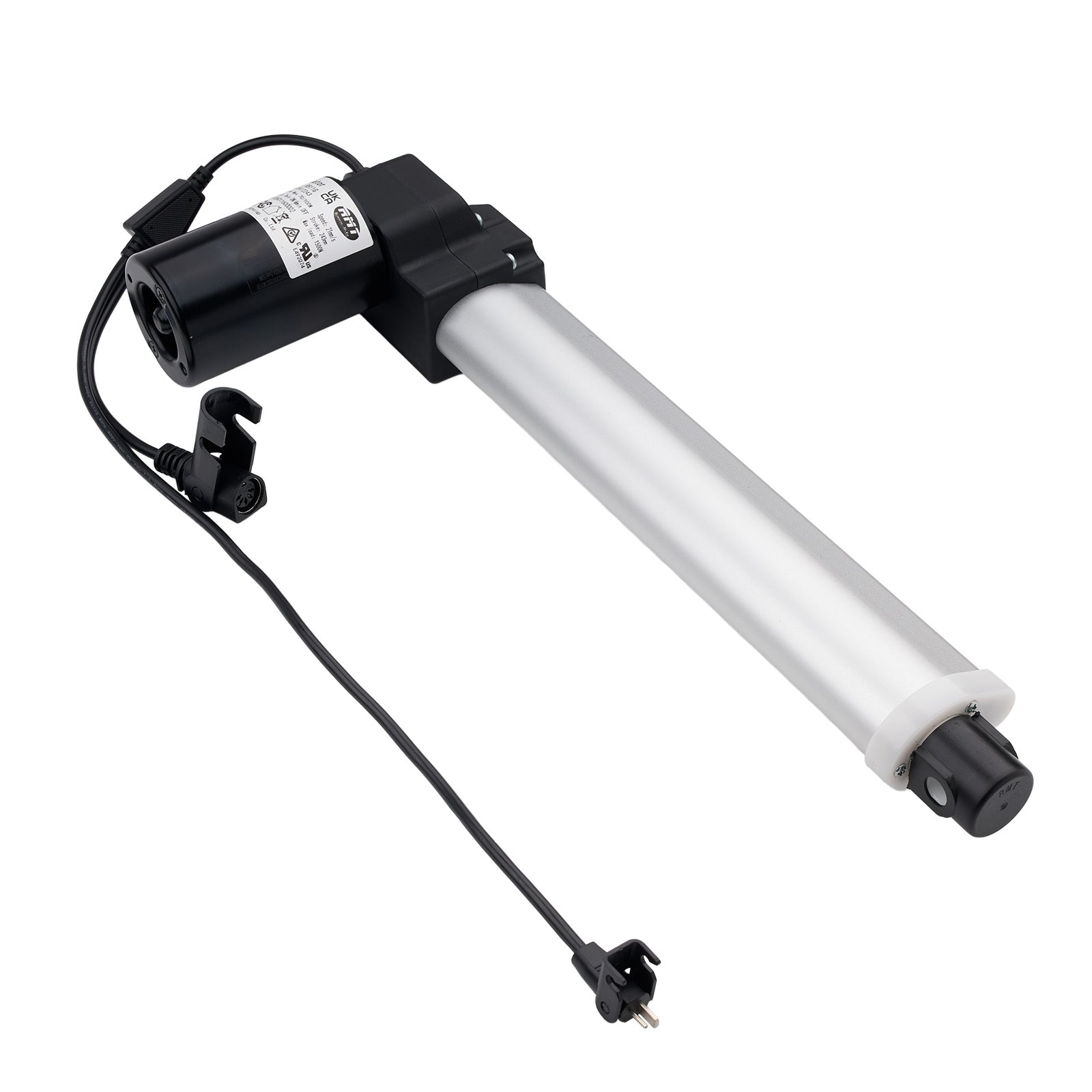White and black cylindrical pump with a cord on a white background