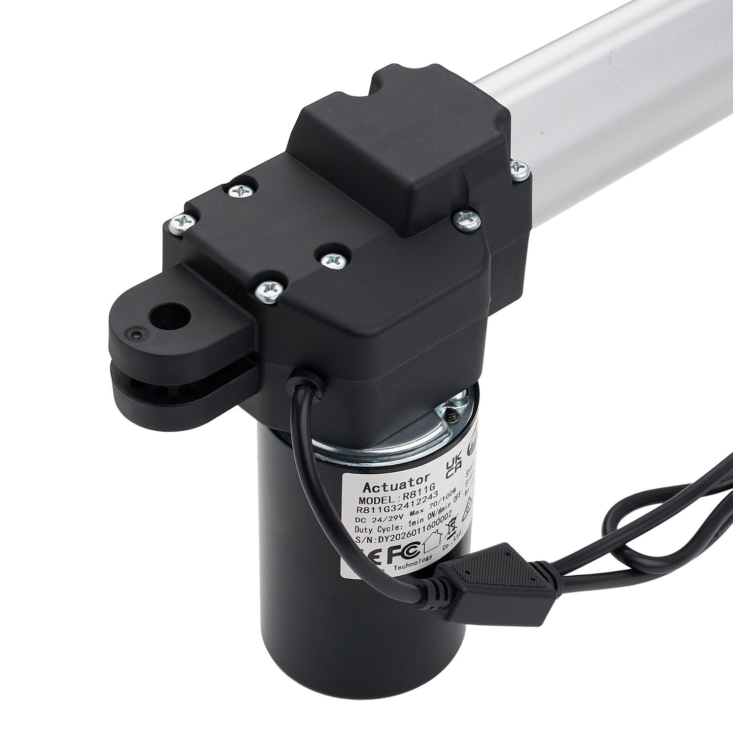 Black actuator with visible branding on a white background