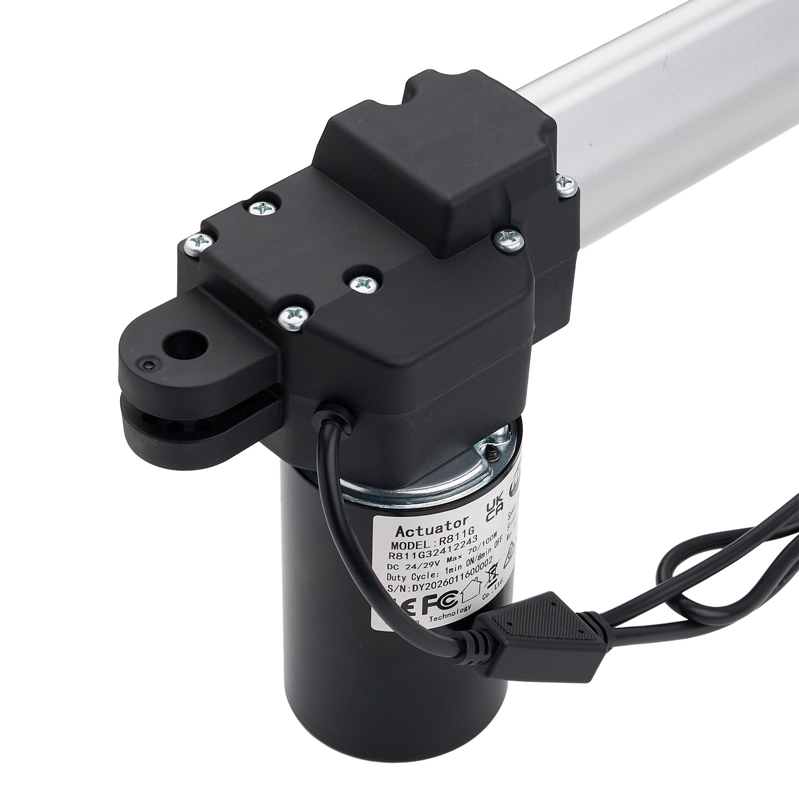 Black actuator with visible branding on a white background