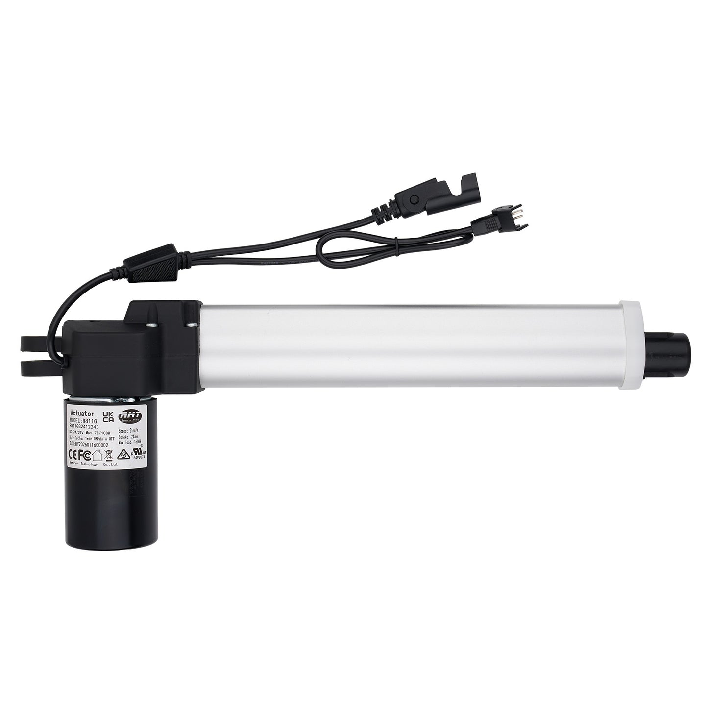 White cylindrical light bulb with black base and wiring on a white background