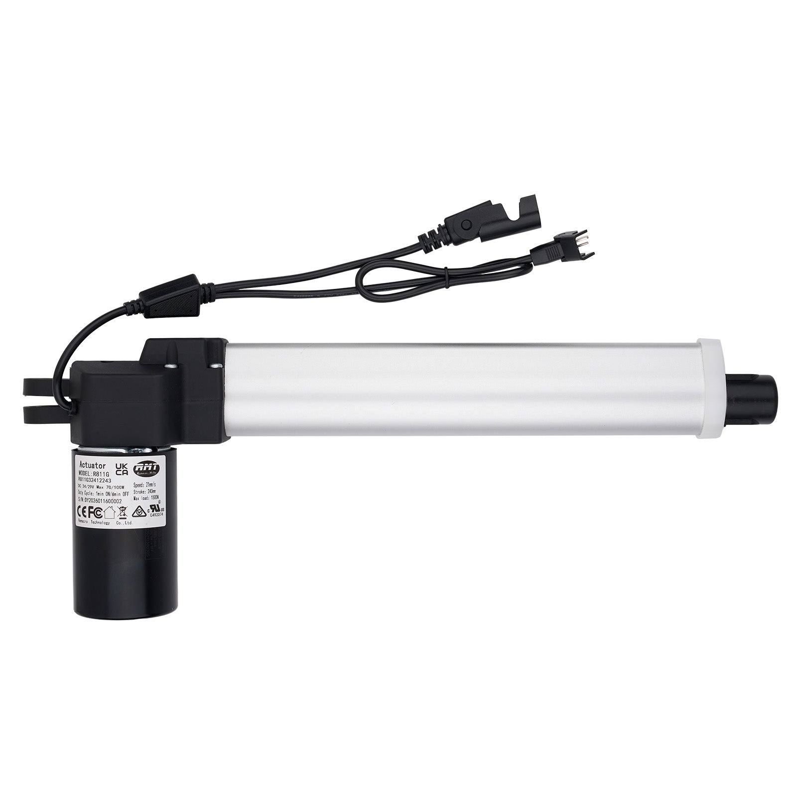 White cylindrical light bulb with black base and wiring on a white background