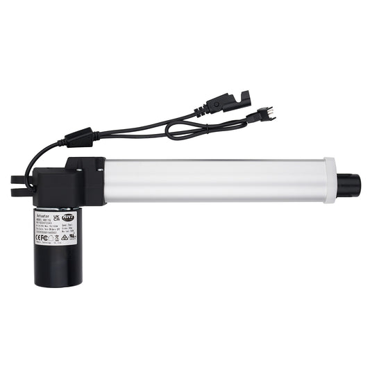 White cylindrical light bulb with black base and wiring on a white background